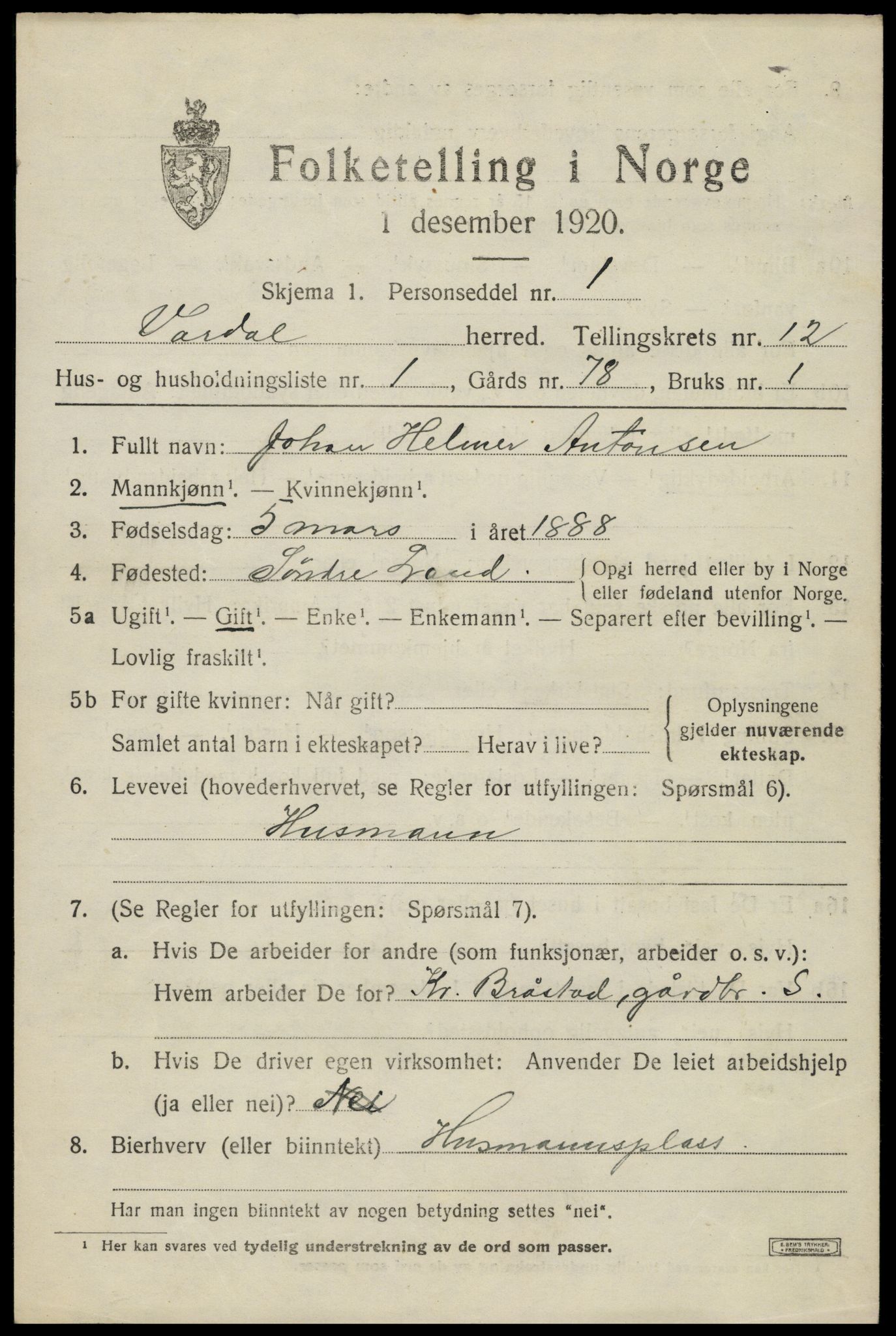 SAH, 1920 census for Vardal, 1920, p. 13135
