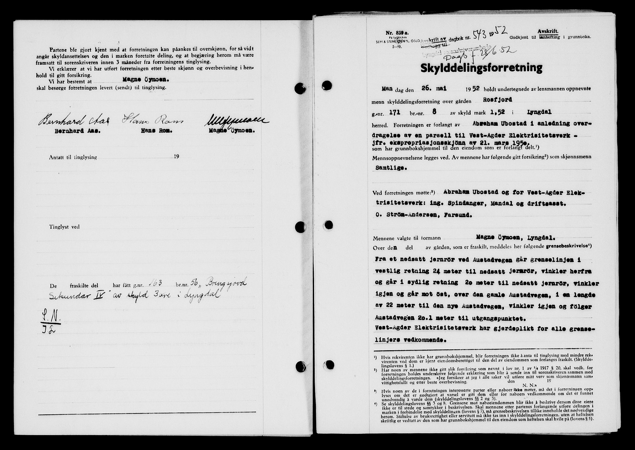 Lyngdal sorenskriveri, AV/SAK-1221-0004/G/Gb/L0667: Mortgage book no. A XIII, 1951-1952, Diary no: : 543/1952