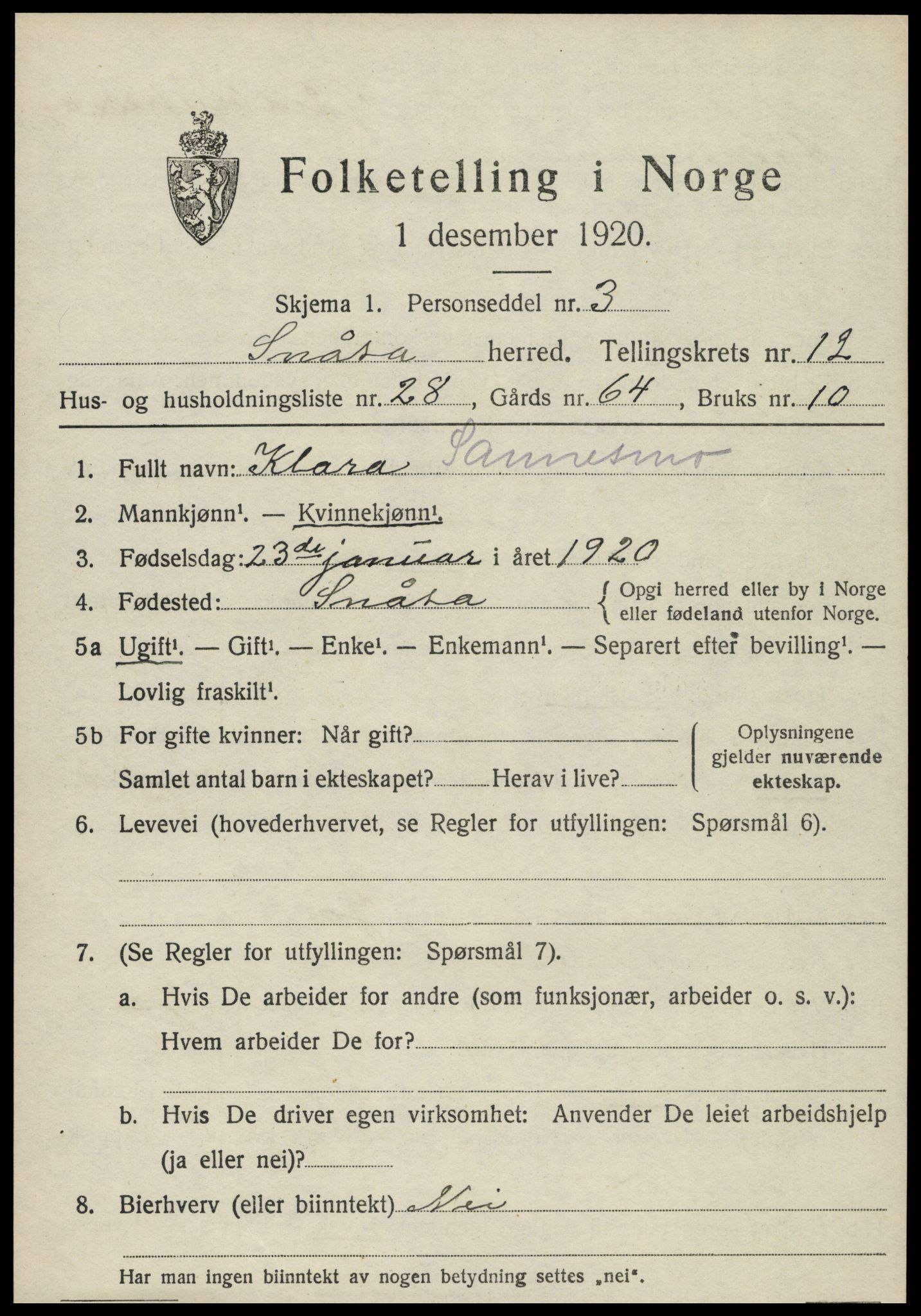 SAT, 1920 census for Snåsa, 1920, p. 5528