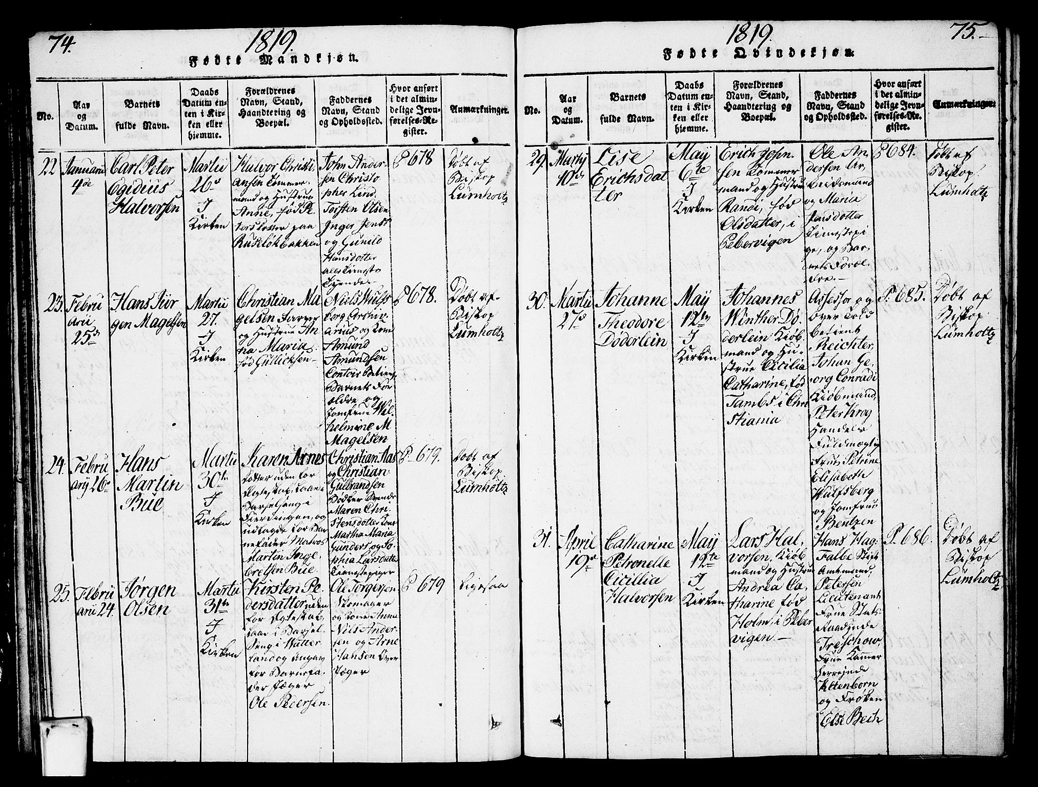 Oslo domkirke Kirkebøker, SAO/A-10752/F/Fa/L0007: Parish register (official) no. 7, 1817-1824, p. 74-75