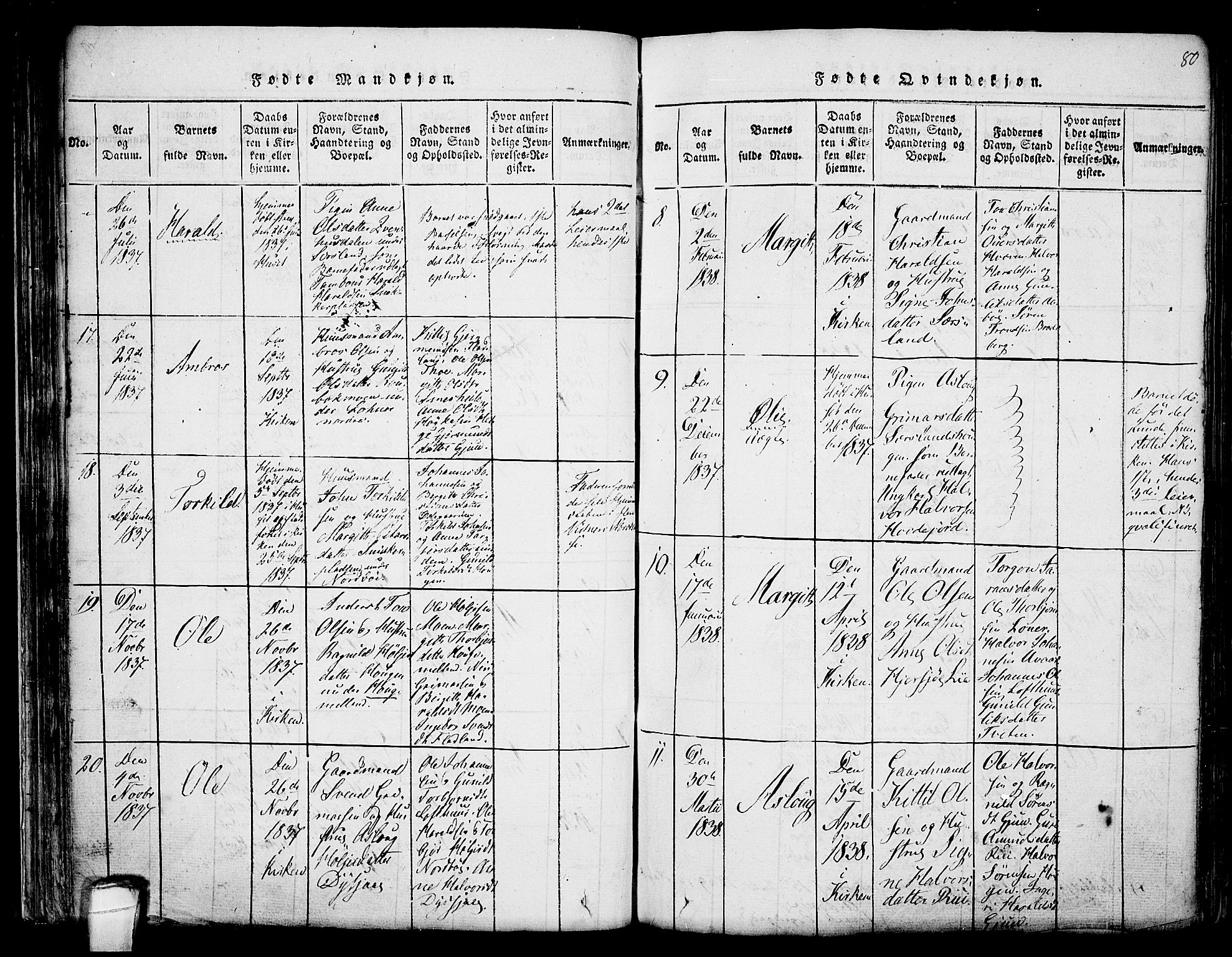 Hjartdal kirkebøker, AV/SAKO-A-270/F/Fa/L0007: Parish register (official) no. I 7, 1815-1843, p. 80