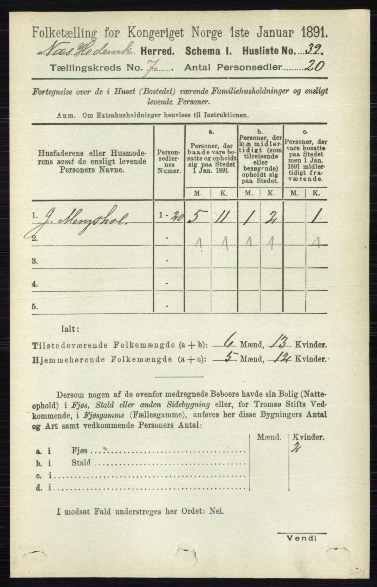 RA, 1891 census for 0411 Nes, 1891, p. 3867