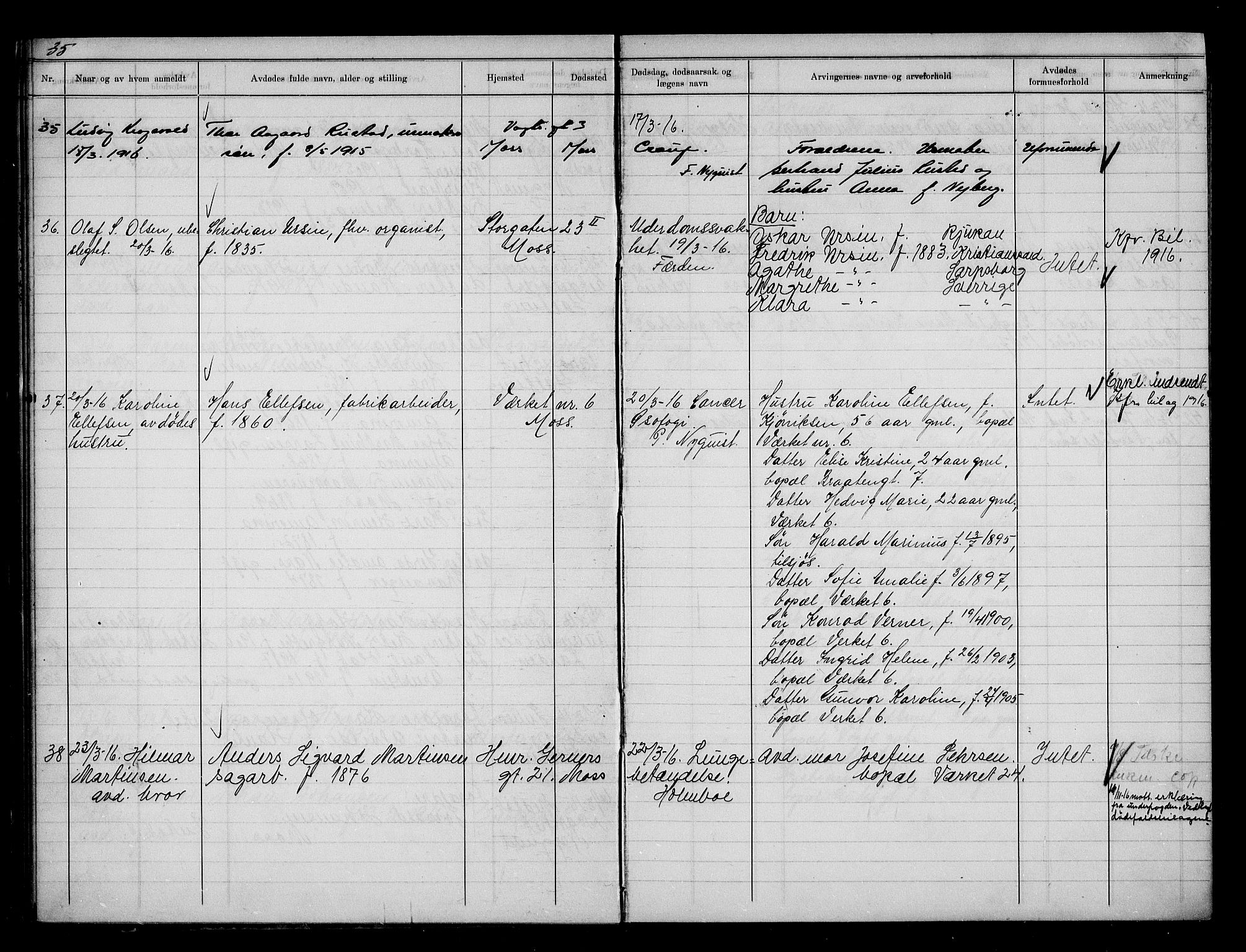 Moss byfogd, AV/SAO-A-10863/H/Ha/Hab/L0005: Dødsanmeldelsesprotokoll, 1914-1920, p. 35