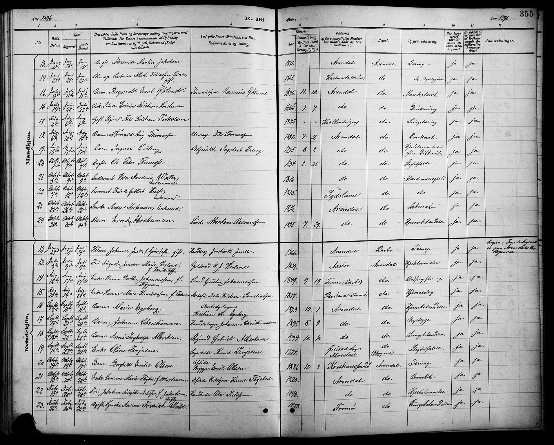 Arendal sokneprestkontor, Trefoldighet, SAK/1111-0040/F/Fb/L0006: Parish register (copy) no. B 6, 1889-1916, p. 355