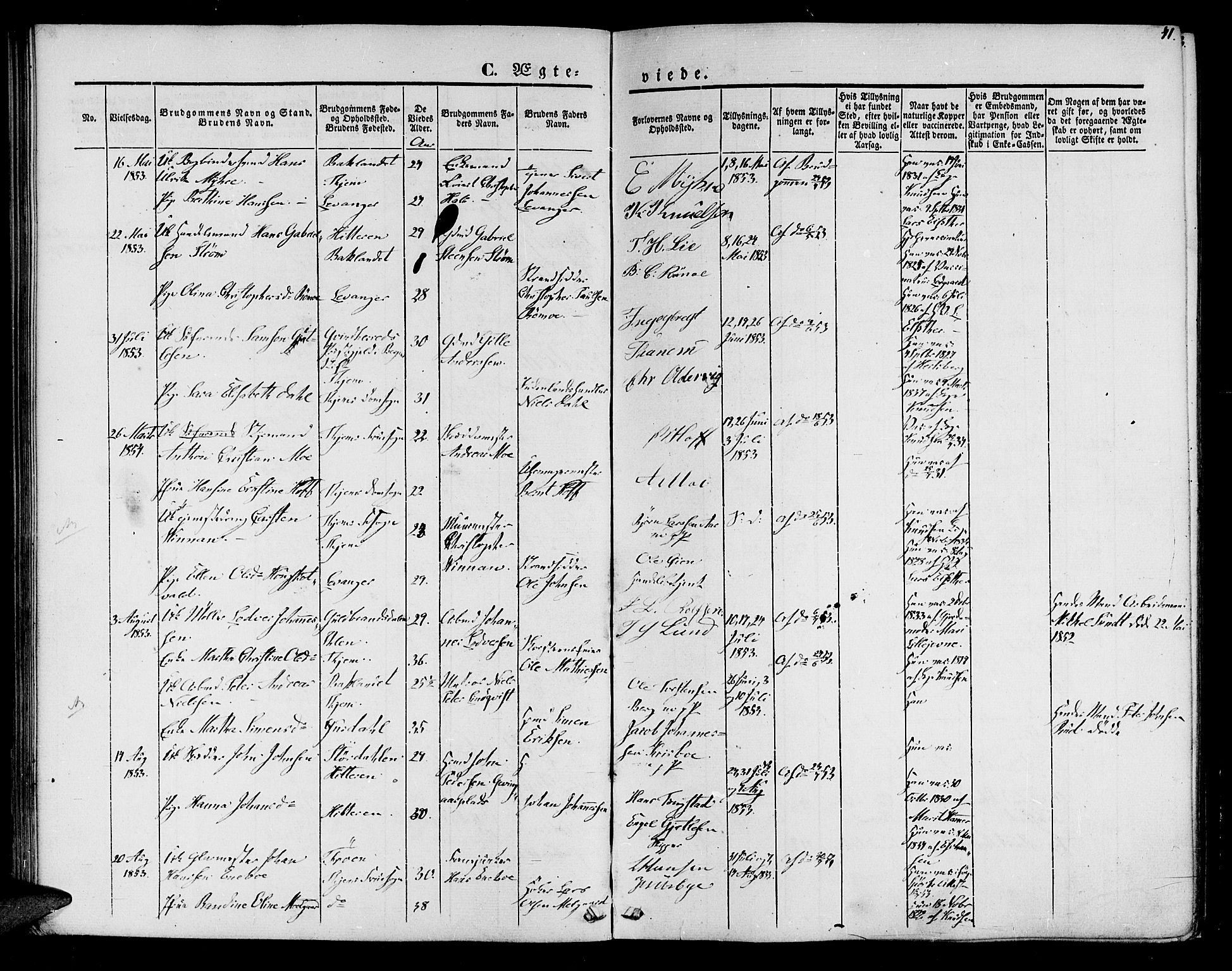 Ministerialprotokoller, klokkerbøker og fødselsregistre - Sør-Trøndelag, SAT/A-1456/602/L0111: Parish register (official) no. 602A09, 1844-1867, p. 41