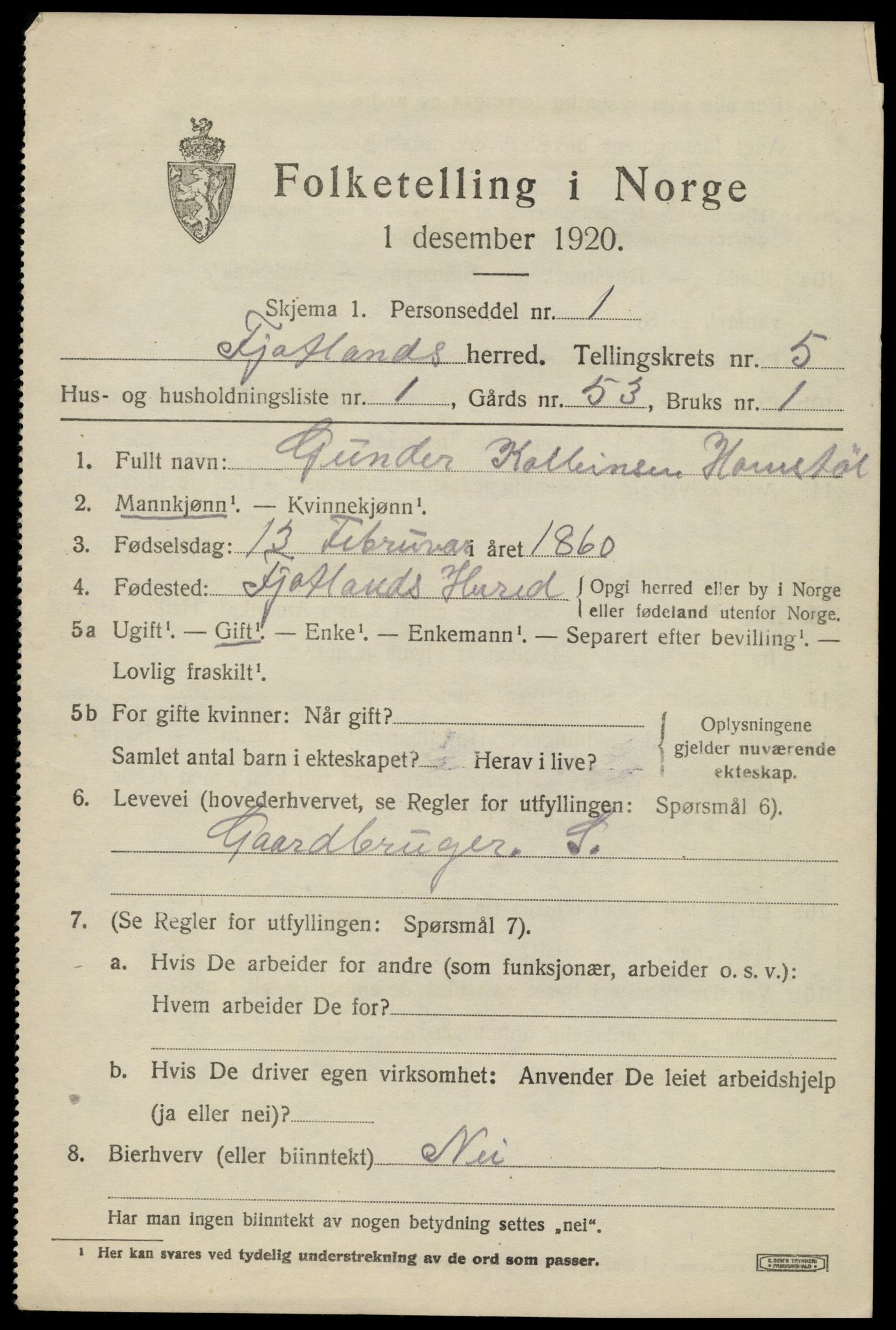 SAK, 1920 census for Fjotland, 1920, p. 1528