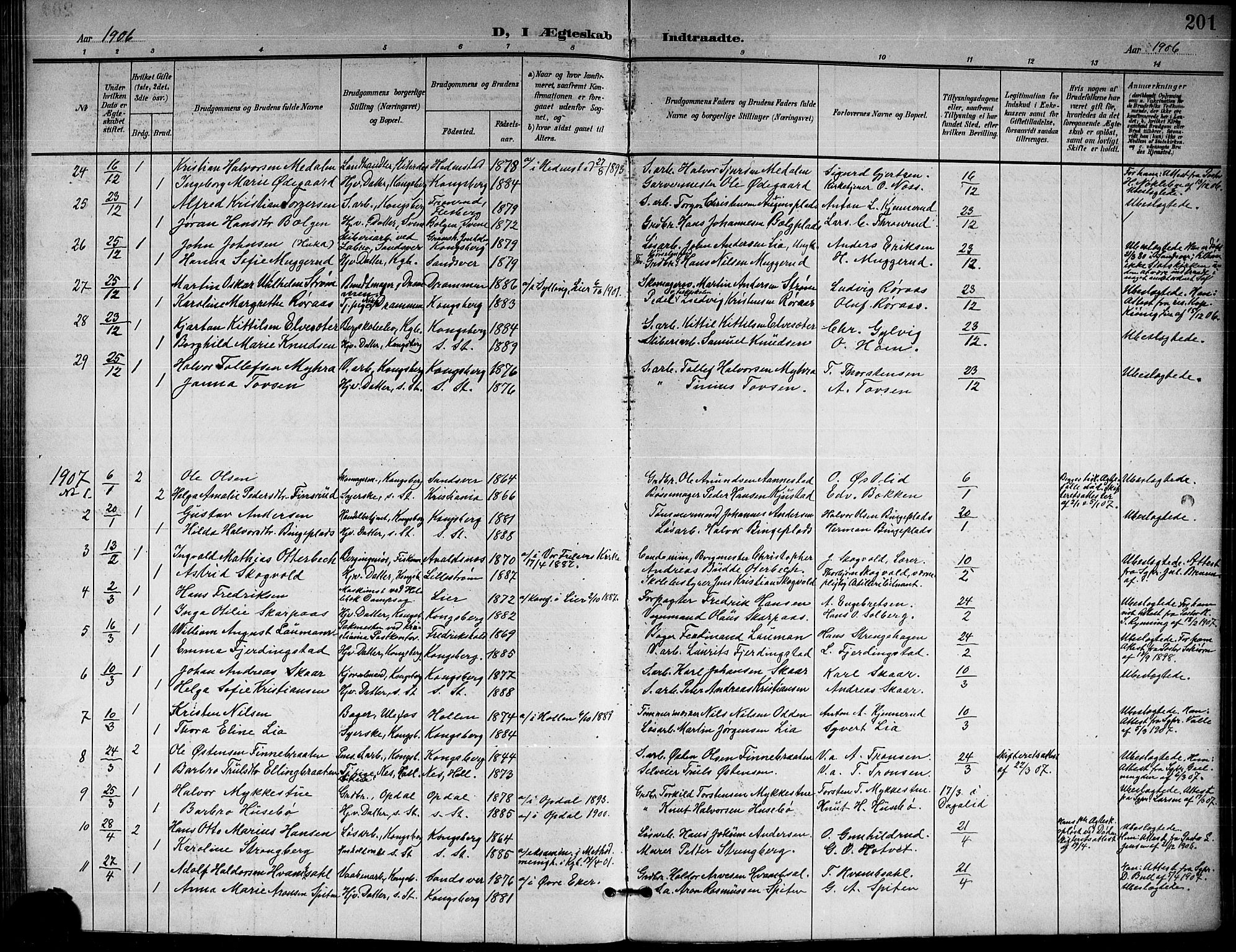 Kongsberg kirkebøker, AV/SAKO-A-22/G/Ga/L0007: Parish register (copy) no. 7, 1901-1915, p. 201