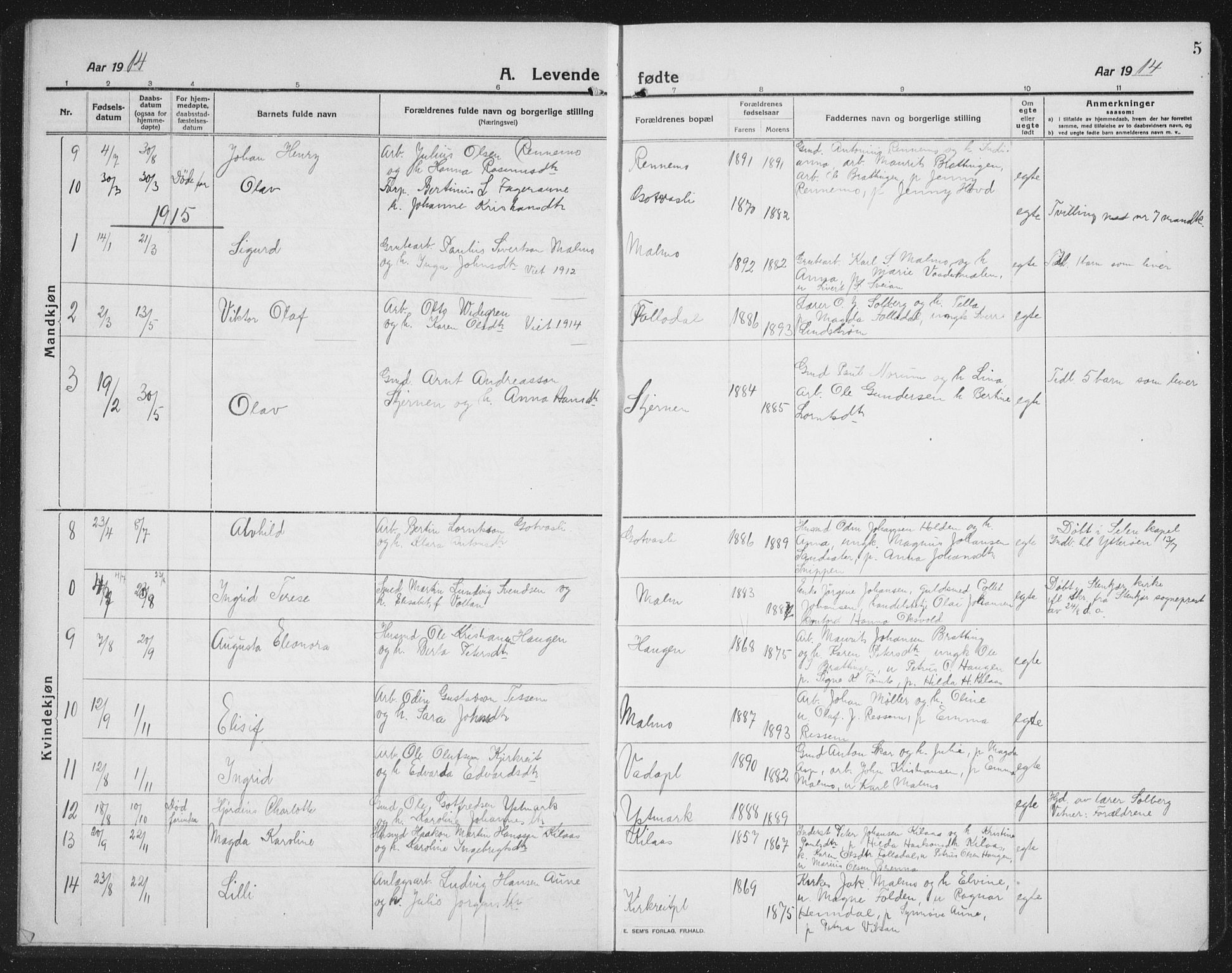 Ministerialprotokoller, klokkerbøker og fødselsregistre - Nord-Trøndelag, AV/SAT-A-1458/745/L0434: Parish register (copy) no. 745C03, 1914-1937, p. 5
