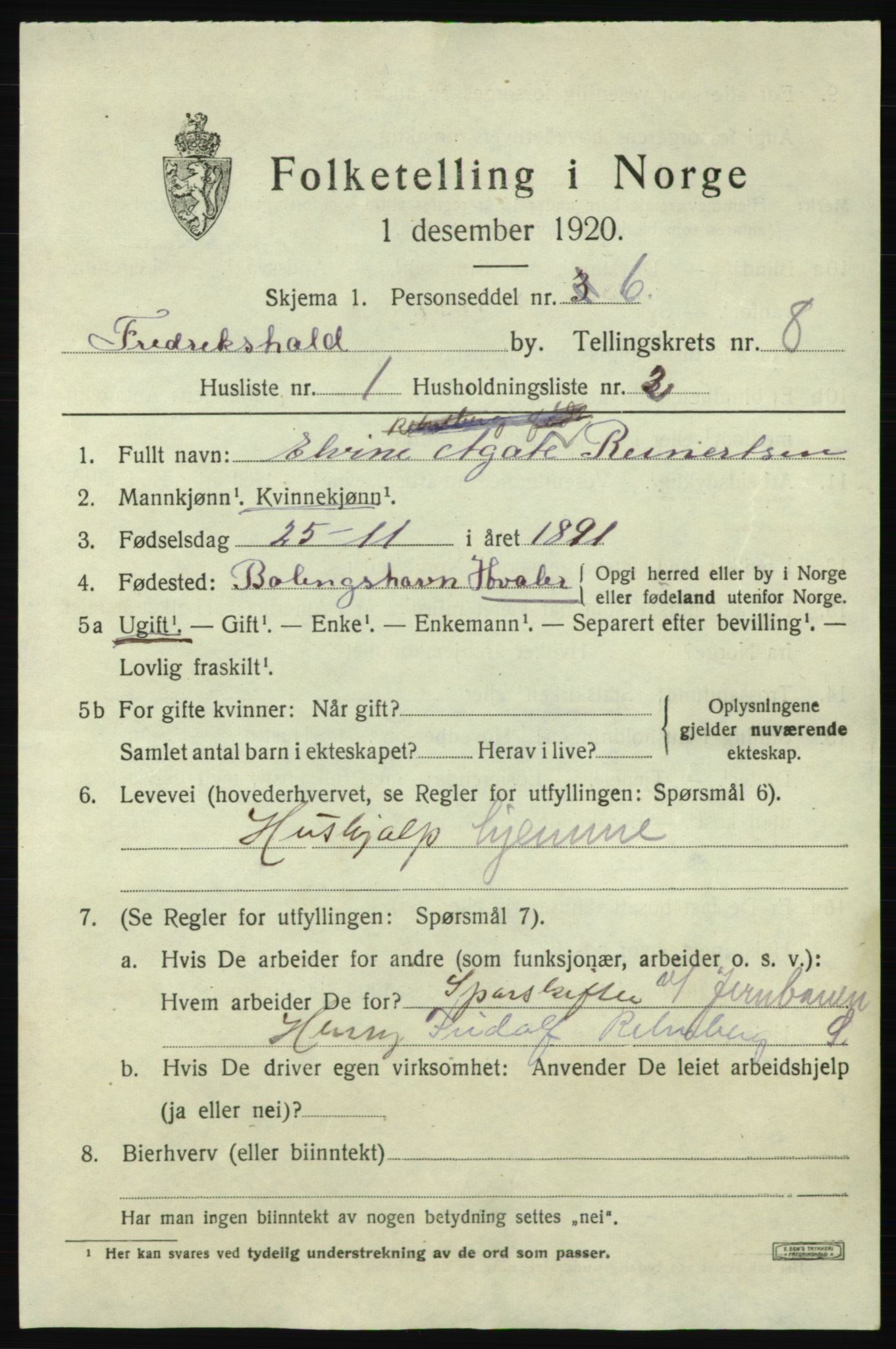 SAO, 1920 census for Fredrikshald, 1920, p. 14619