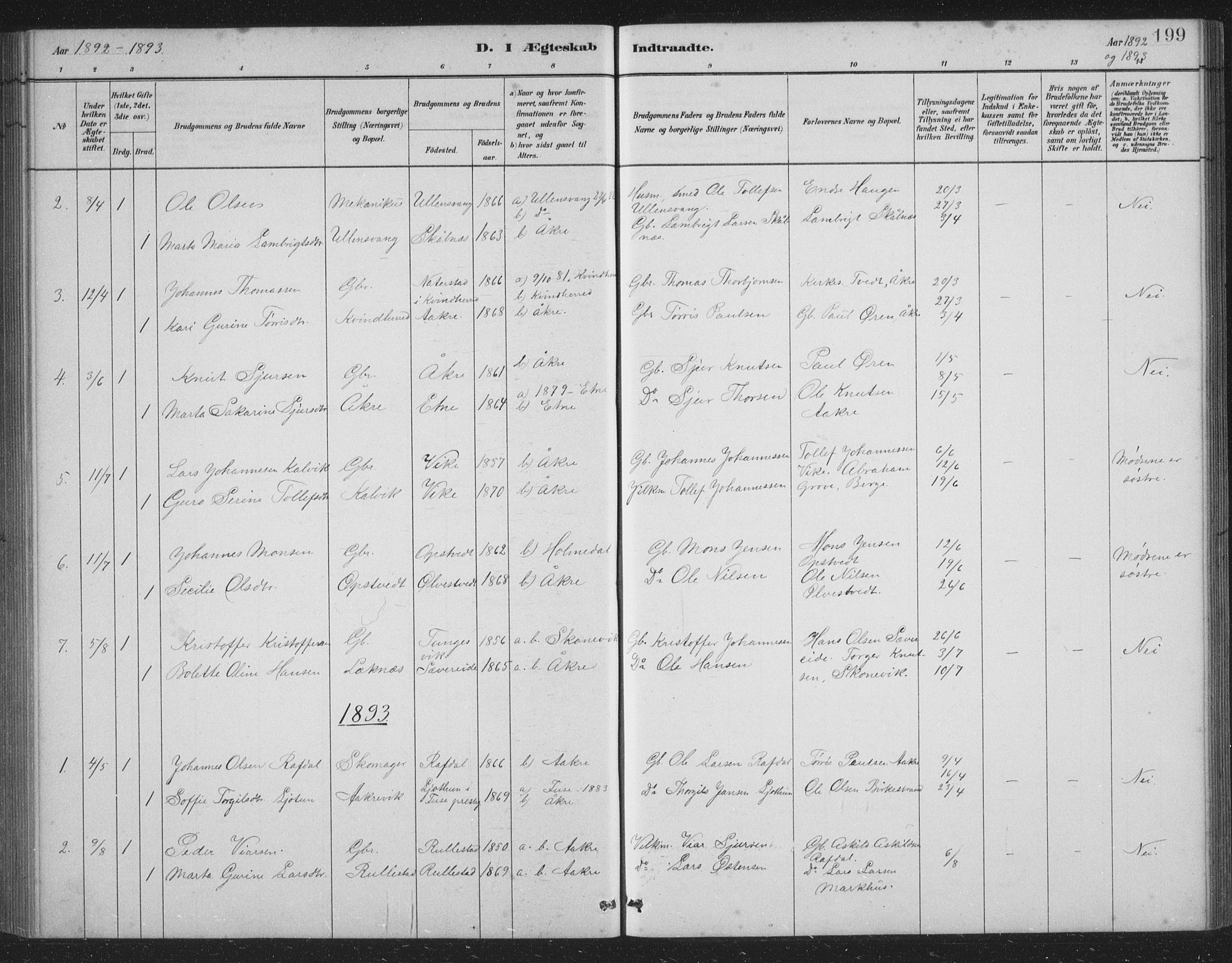 Skånevik sokneprestembete, SAB/A-77801/H/Hab: Parish register (copy) no. B 2, 1881-1920, p. 199