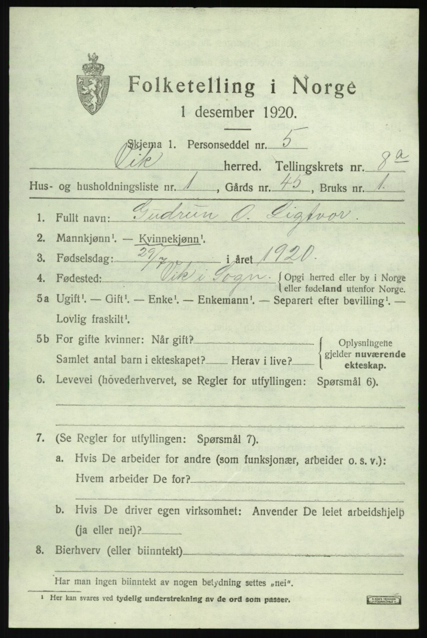 SAB, 1920 census for Vik, 1920, p. 5377