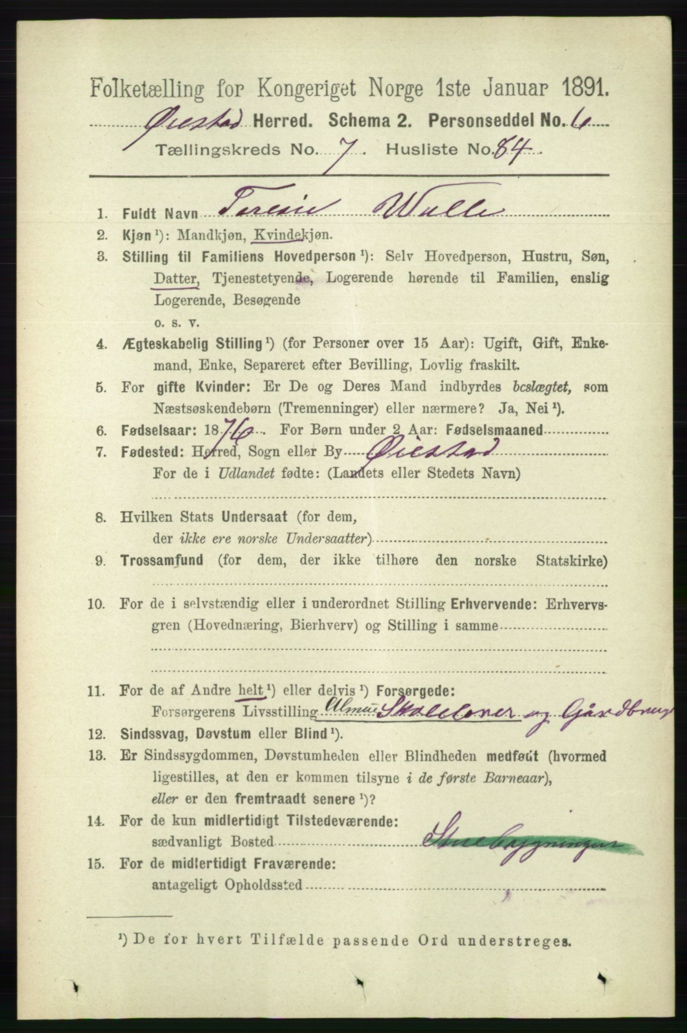 RA, 1891 census for 0920 Øyestad, 1891, p. 3129