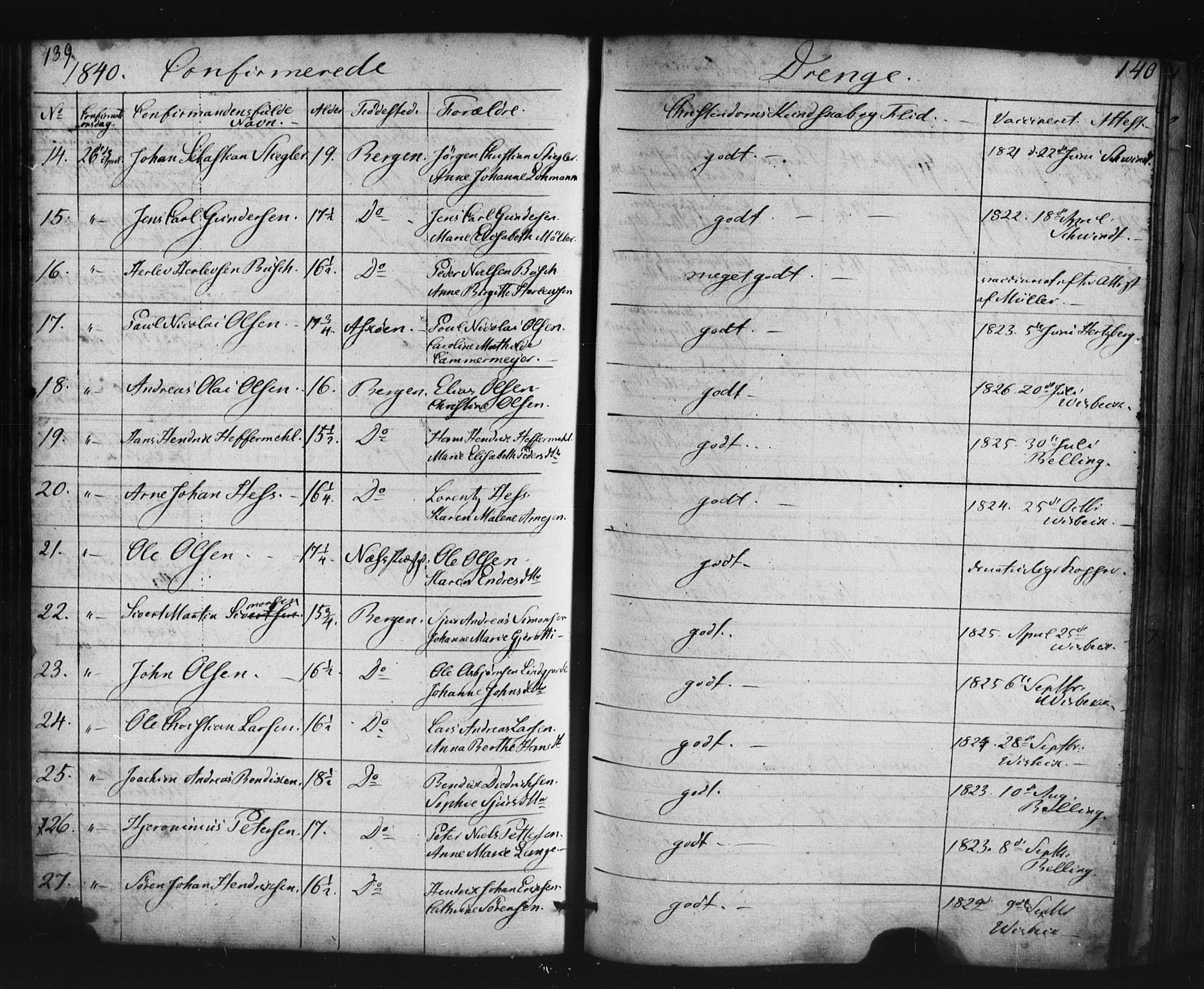 Domkirken sokneprestembete, SAB/A-74801/H/Haa/L0063: Curate's parish register no. A 1, 1821-1848, p. 139-140