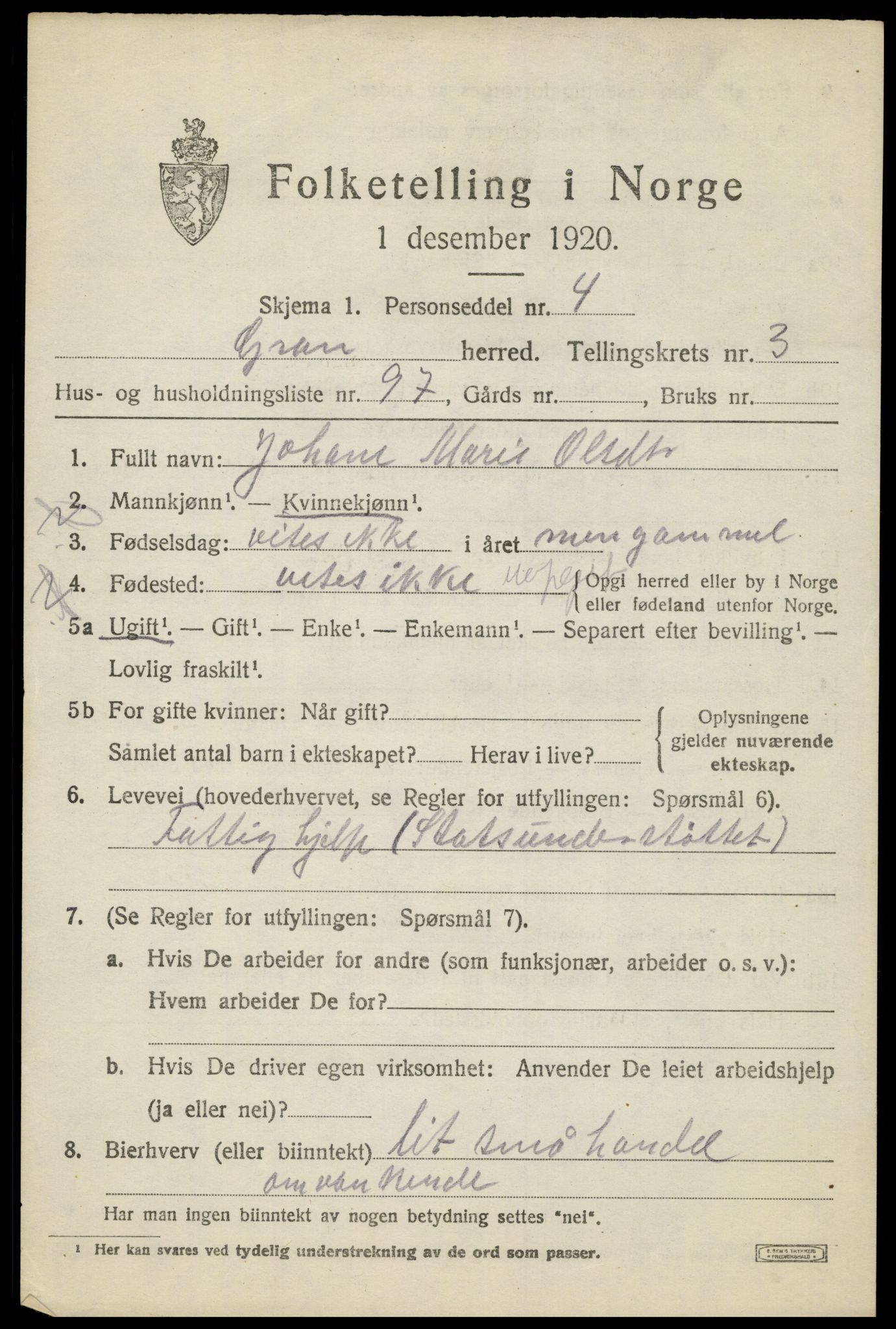 SAH, 1920 census for Gran, 1920, p. 6336