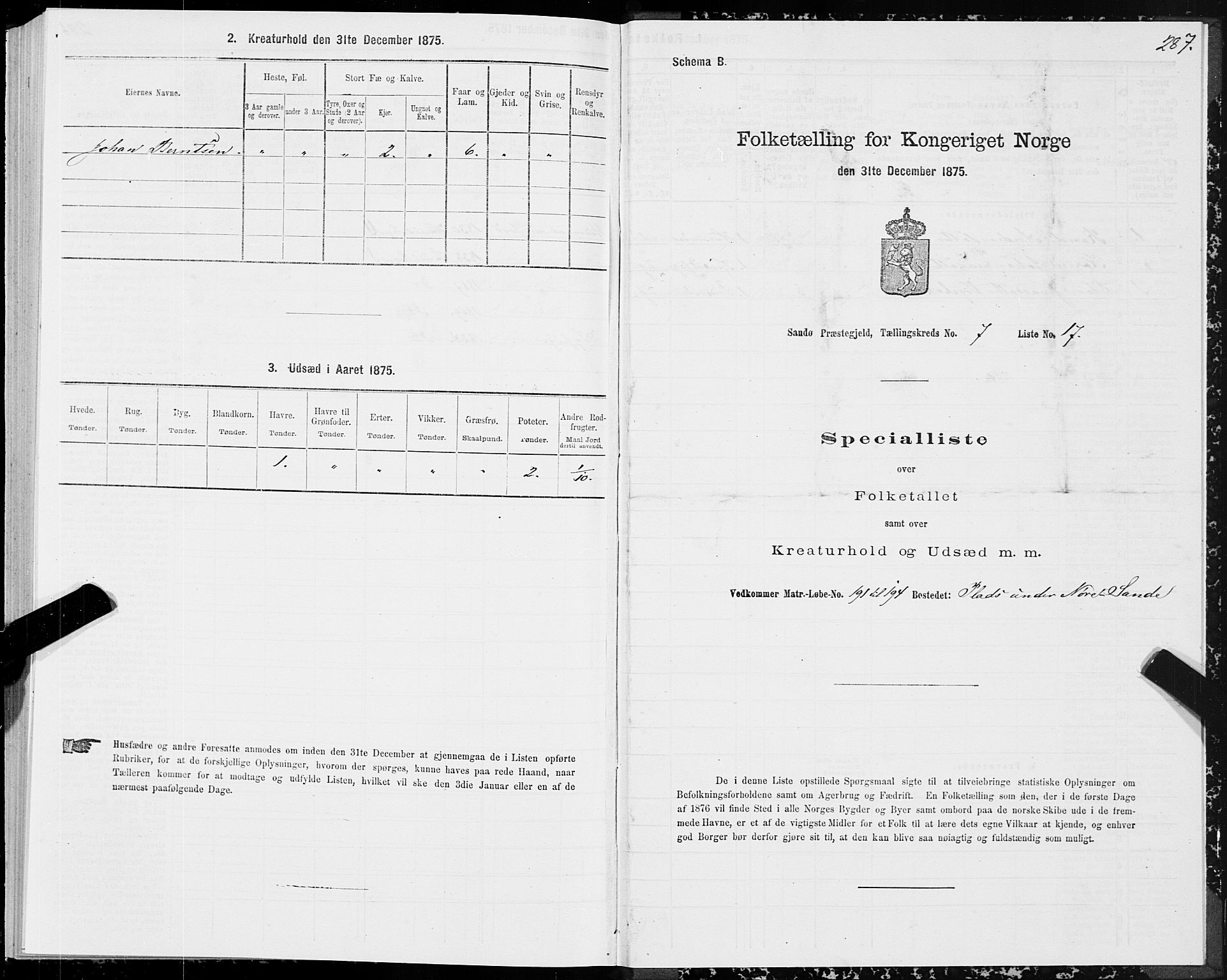 SAT, 1875 census for 1514P Sande, 1875, p. 3287