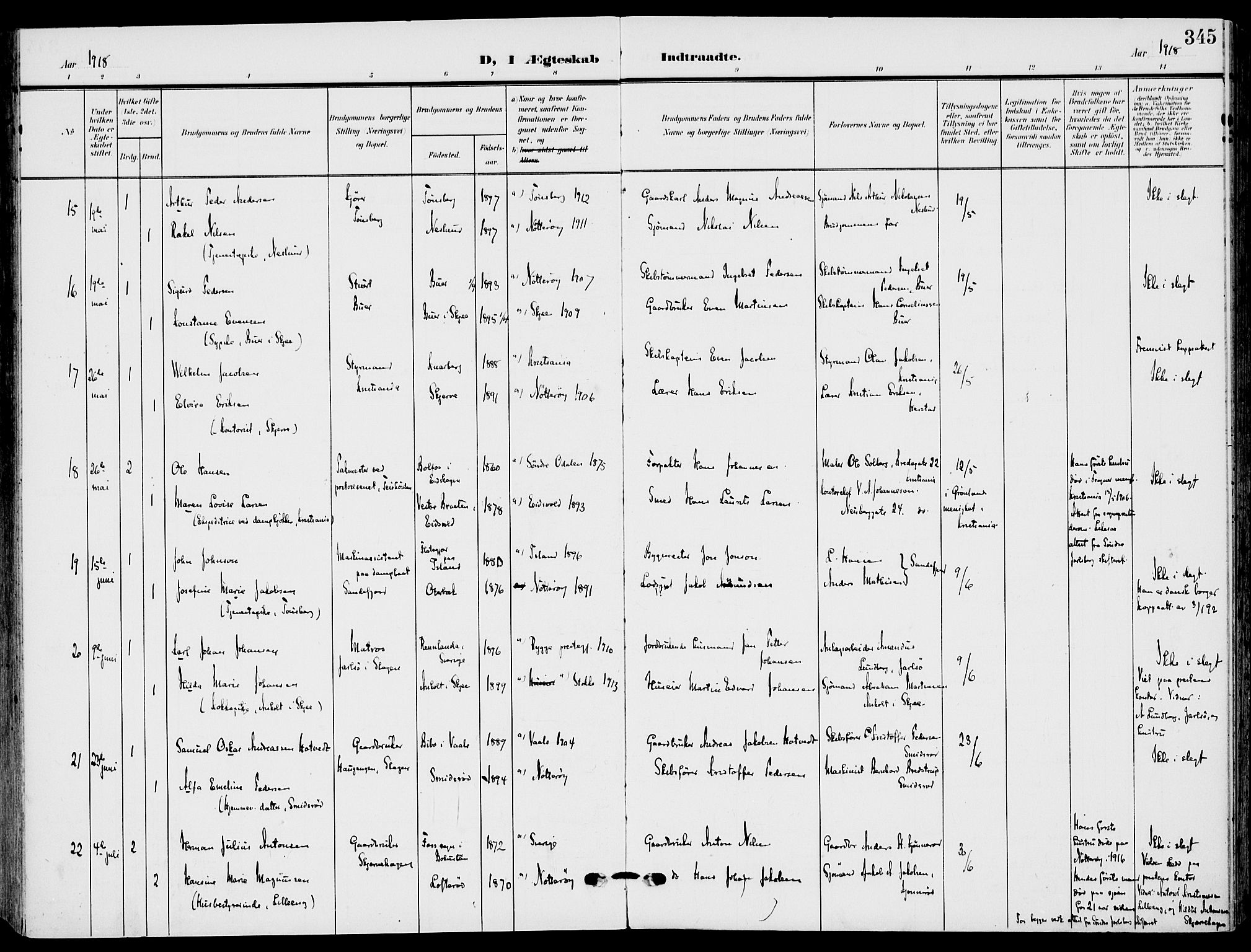 Nøtterøy kirkebøker, AV/SAKO-A-354/F/Fa/L0010: Parish register (official) no. I 10, 1908-1919, p. 345