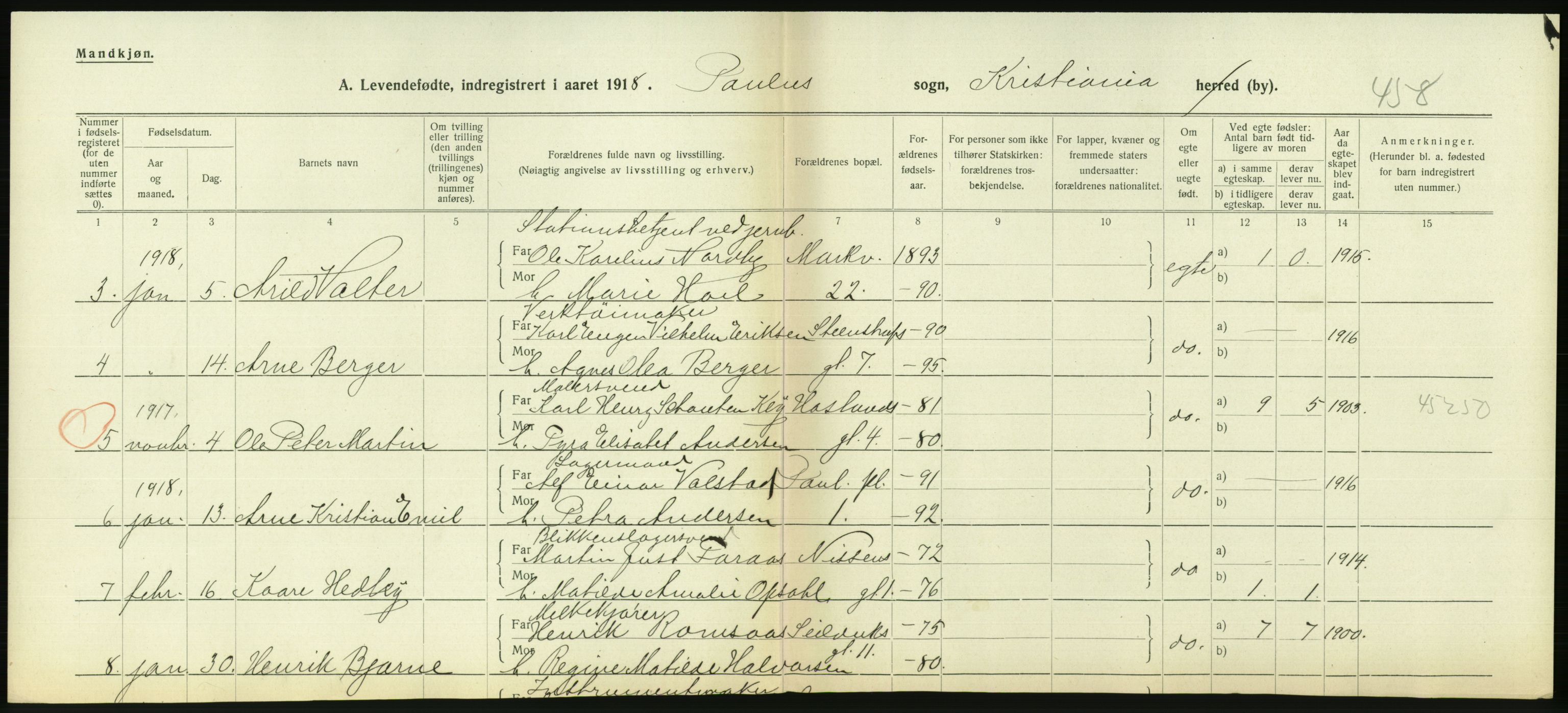 Statistisk sentralbyrå, Sosiodemografiske emner, Befolkning, AV/RA-S-2228/D/Df/Dfb/Dfbh/L0008: Kristiania: Levendefødte menn og kvinner., 1918, p. 624