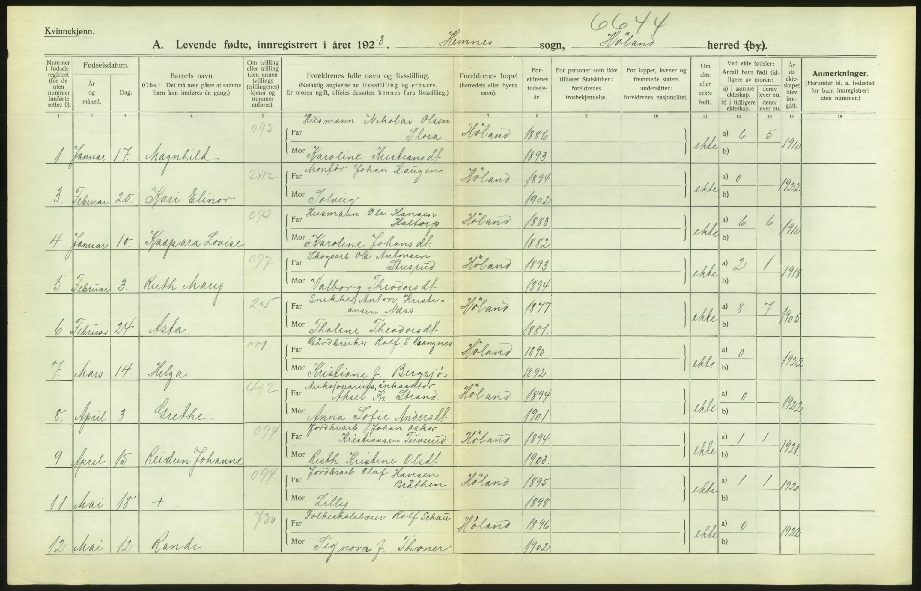 Statistisk sentralbyrå, Sosiodemografiske emner, Befolkning, RA/S-2228/D/Df/Dfc/Dfcc/L0003: Akershus fylke: Levendefødte menn og kvinner. Bygder., 1923, p. 592