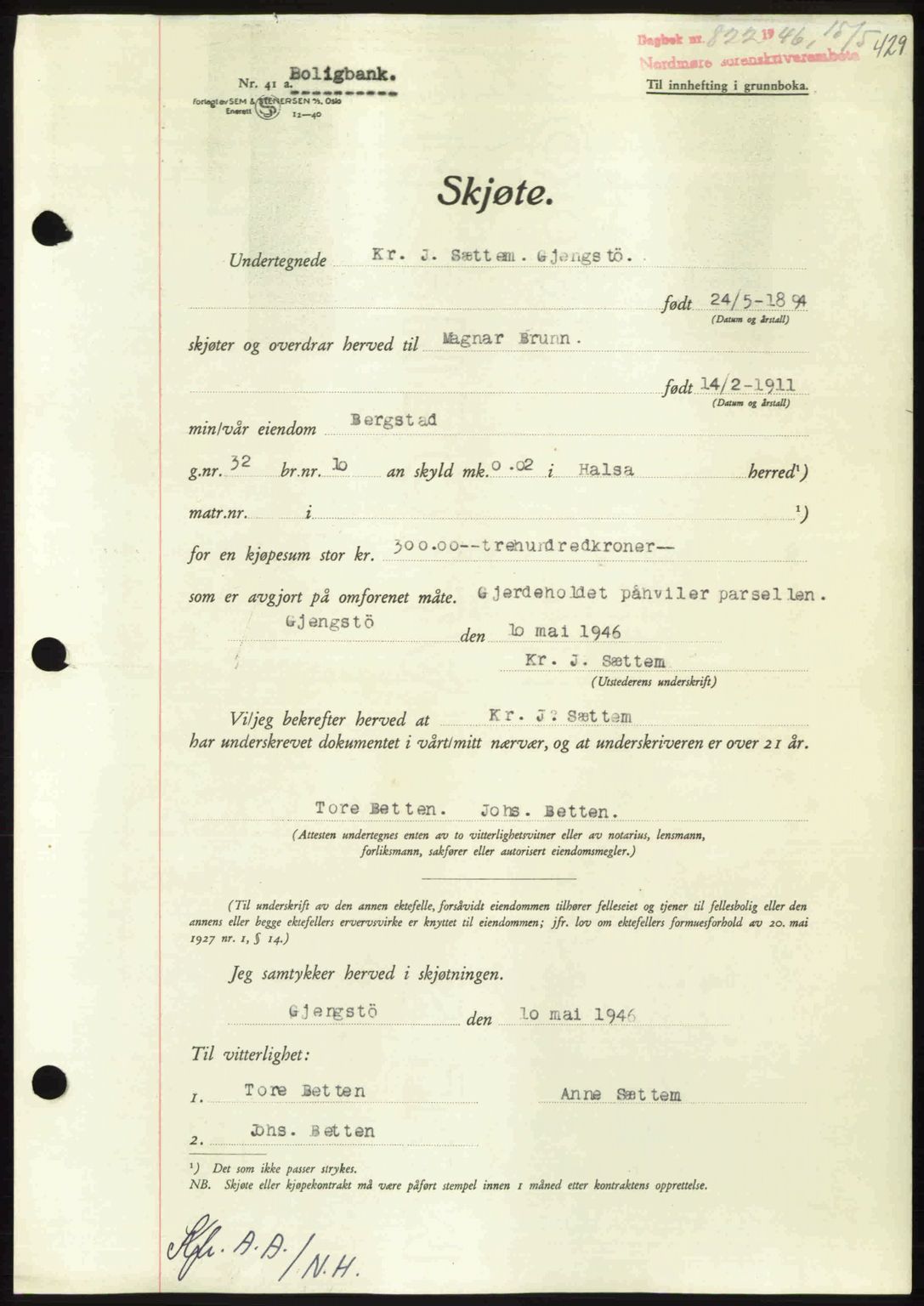 Nordmøre sorenskriveri, AV/SAT-A-4132/1/2/2Ca: Mortgage book no. A101, 1946-1946, Diary no: : 822/1946