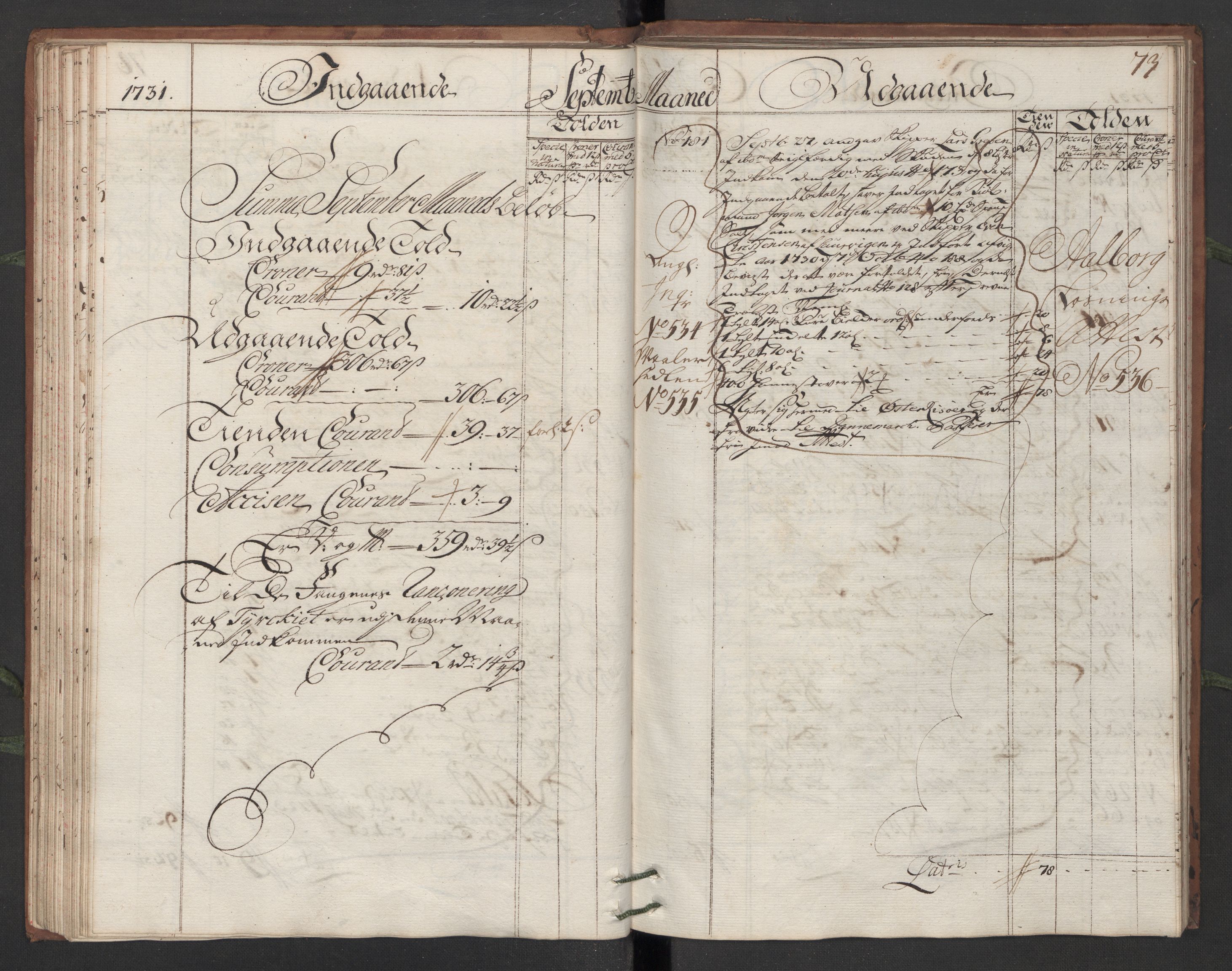 Generaltollkammeret, tollregnskaper, AV/RA-EA-5490/R13/L0006/0001: Tollregnskaper Kragerø / Hovedtollbok, 1731, p. 72b-73a