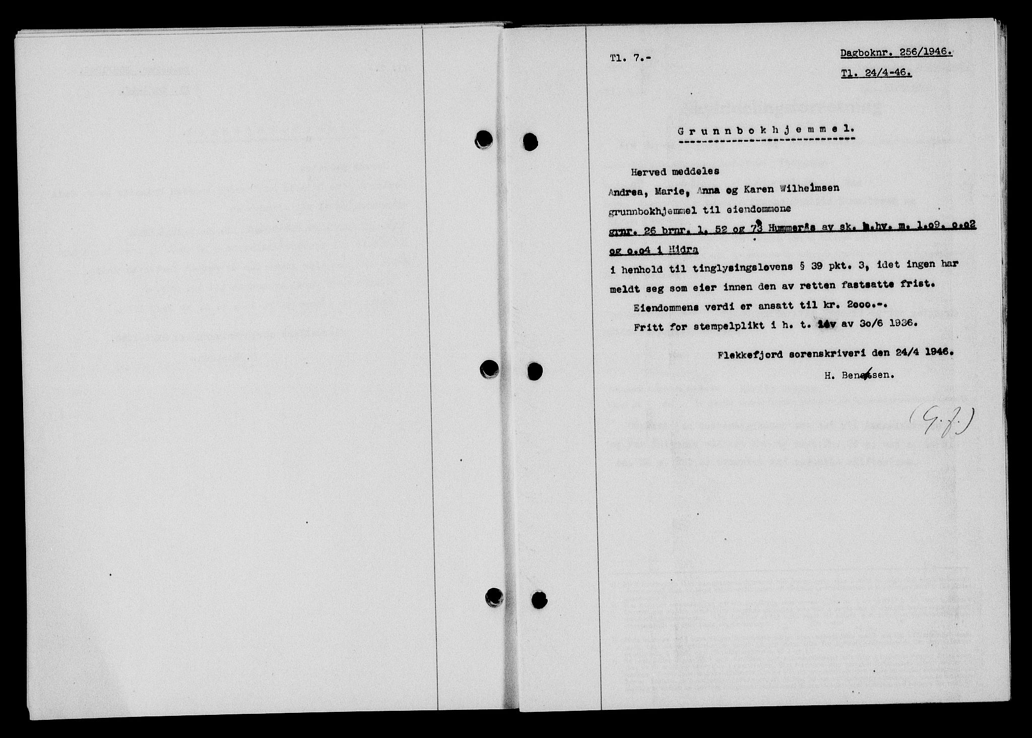 Flekkefjord sorenskriveri, SAK/1221-0001/G/Gb/Gba/L0060: Mortgage book no. A-8, 1945-1946, Diary no: : 256/1946