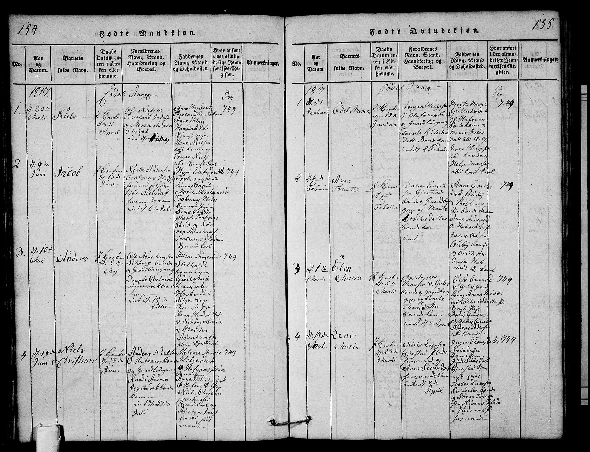 Andebu kirkebøker, AV/SAKO-A-336/G/Ga/L0001: Parish register (copy) no. I 1 /3, 1815-1823, p. 154-155