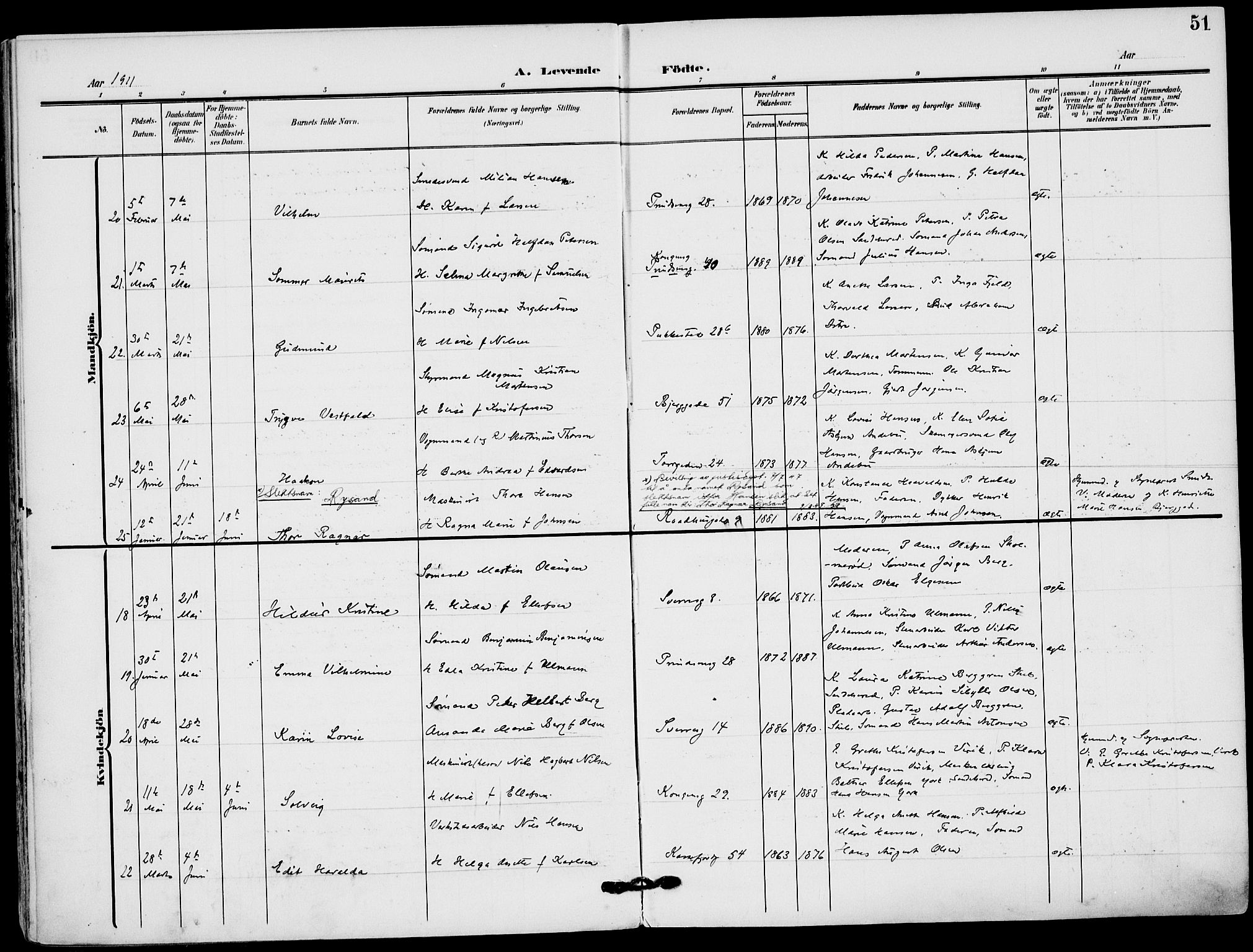 Sandefjord kirkebøker, AV/SAKO-A-315/F/Fa/L0005: Parish register (official) no. 5, 1906-1915, p. 51