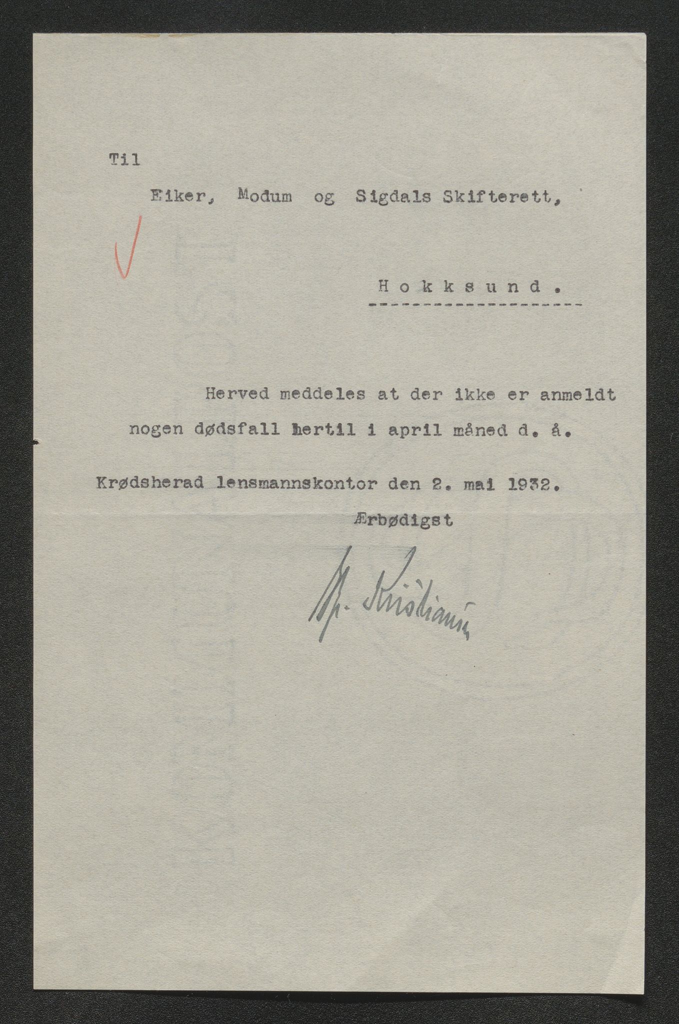 Eiker, Modum og Sigdal sorenskriveri, AV/SAKO-A-123/H/Ha/Hab/L0047: Dødsfallsmeldinger, 1932, p. 253