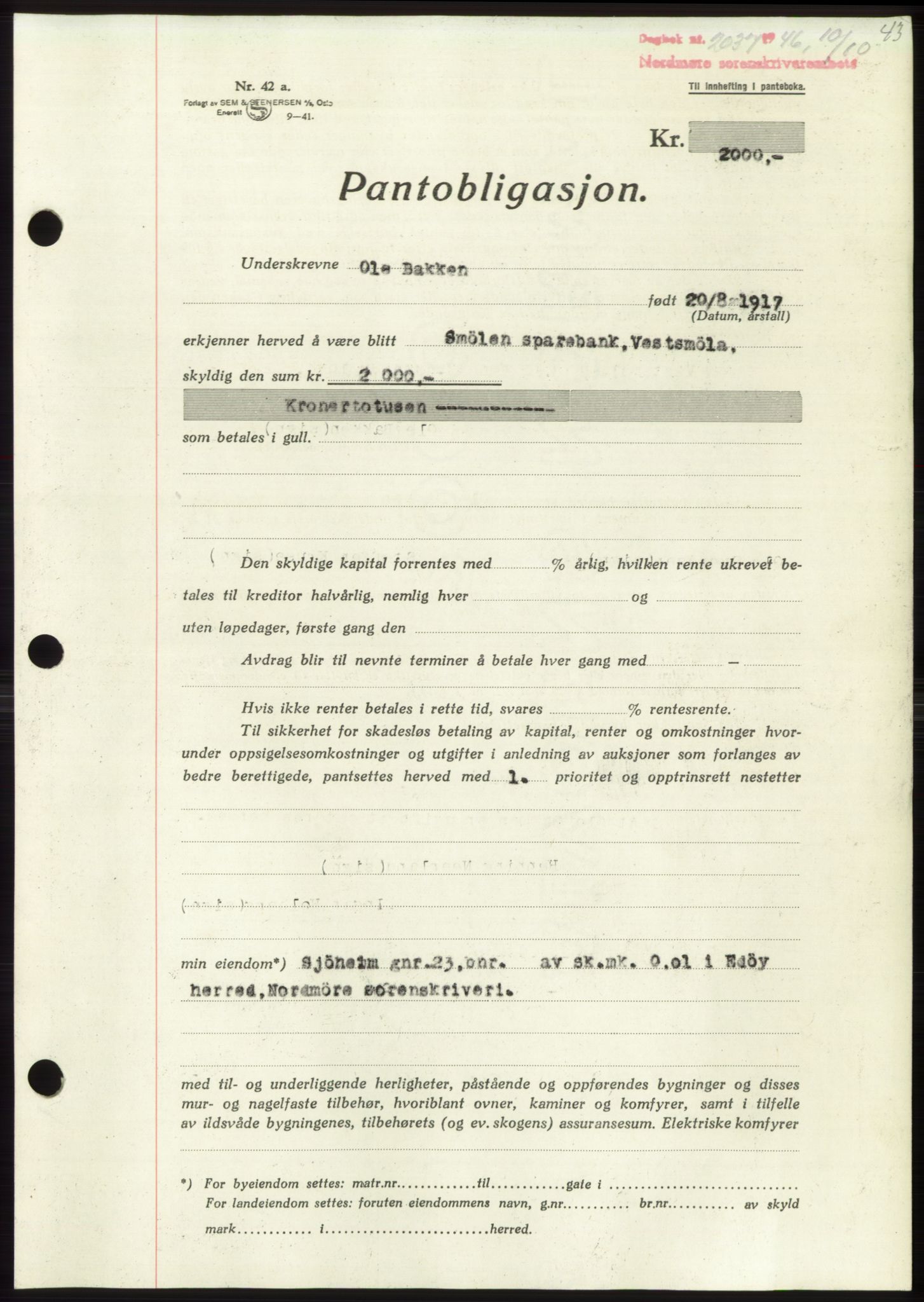 Nordmøre sorenskriveri, AV/SAT-A-4132/1/2/2Ca: Mortgage book no. B95, 1946-1947, Diary no: : 2037/1946