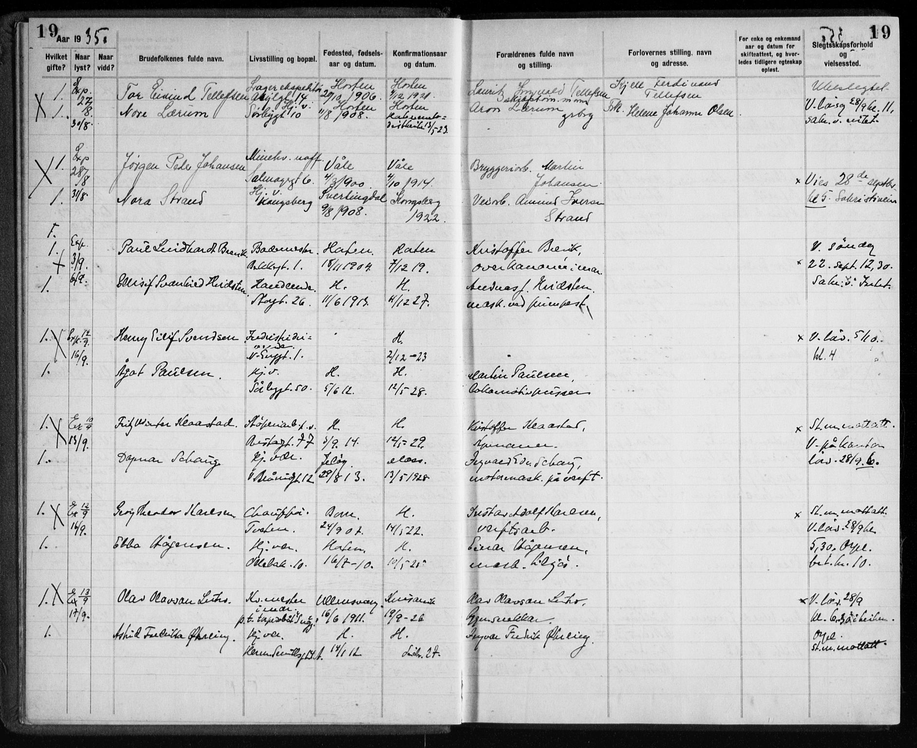 Horten kirkebøker, AV/SAKO-A-348/H/Ha/L0007: Banns register no. 7, 1934-1947, p. 19