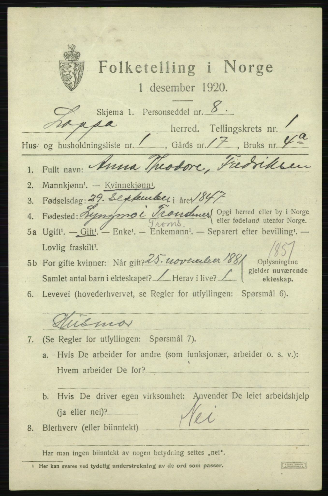 SATØ, 1920 census for Loppa, 1920, p. 636