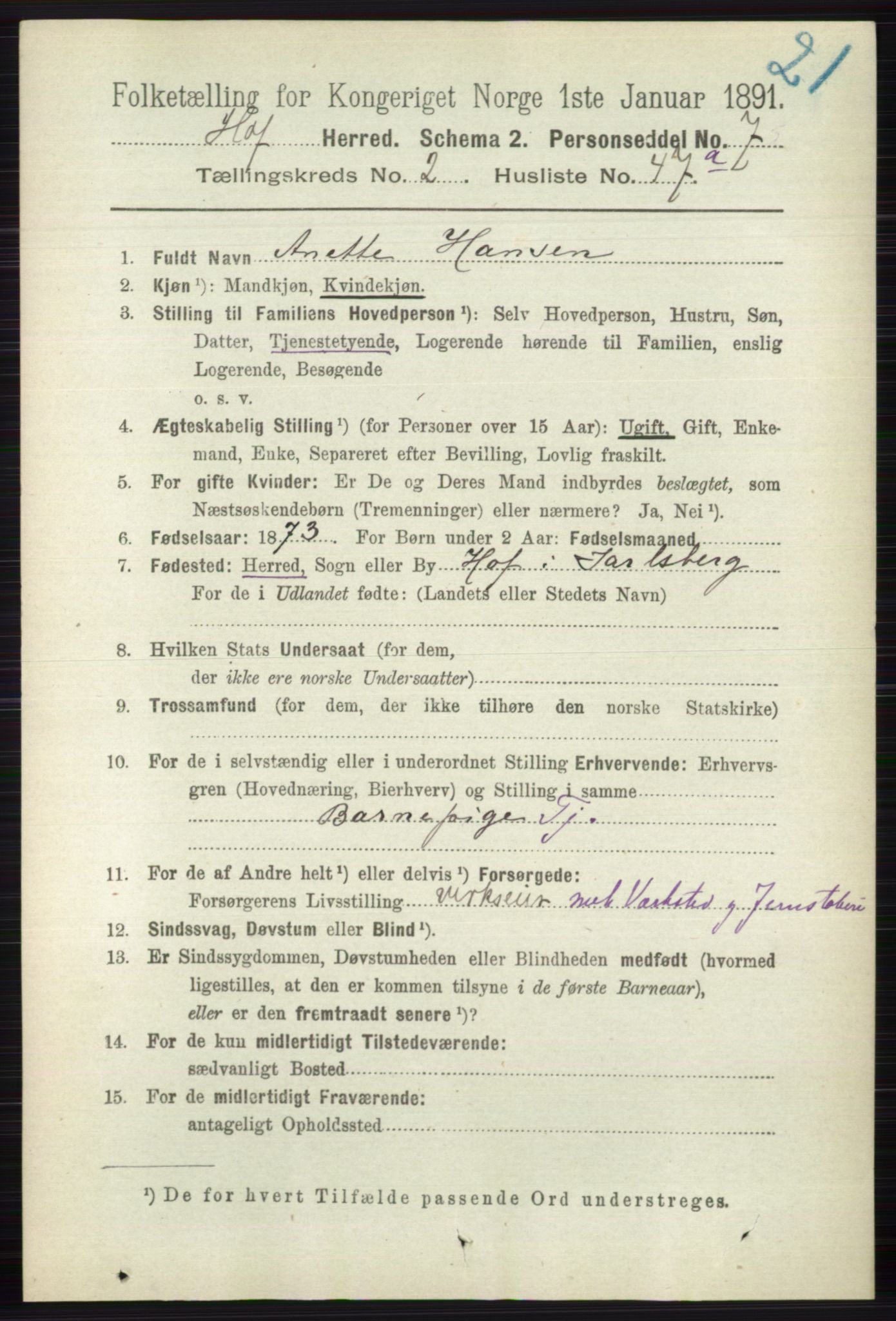 RA, 1891 census for 0714 Hof, 1891, p. 837