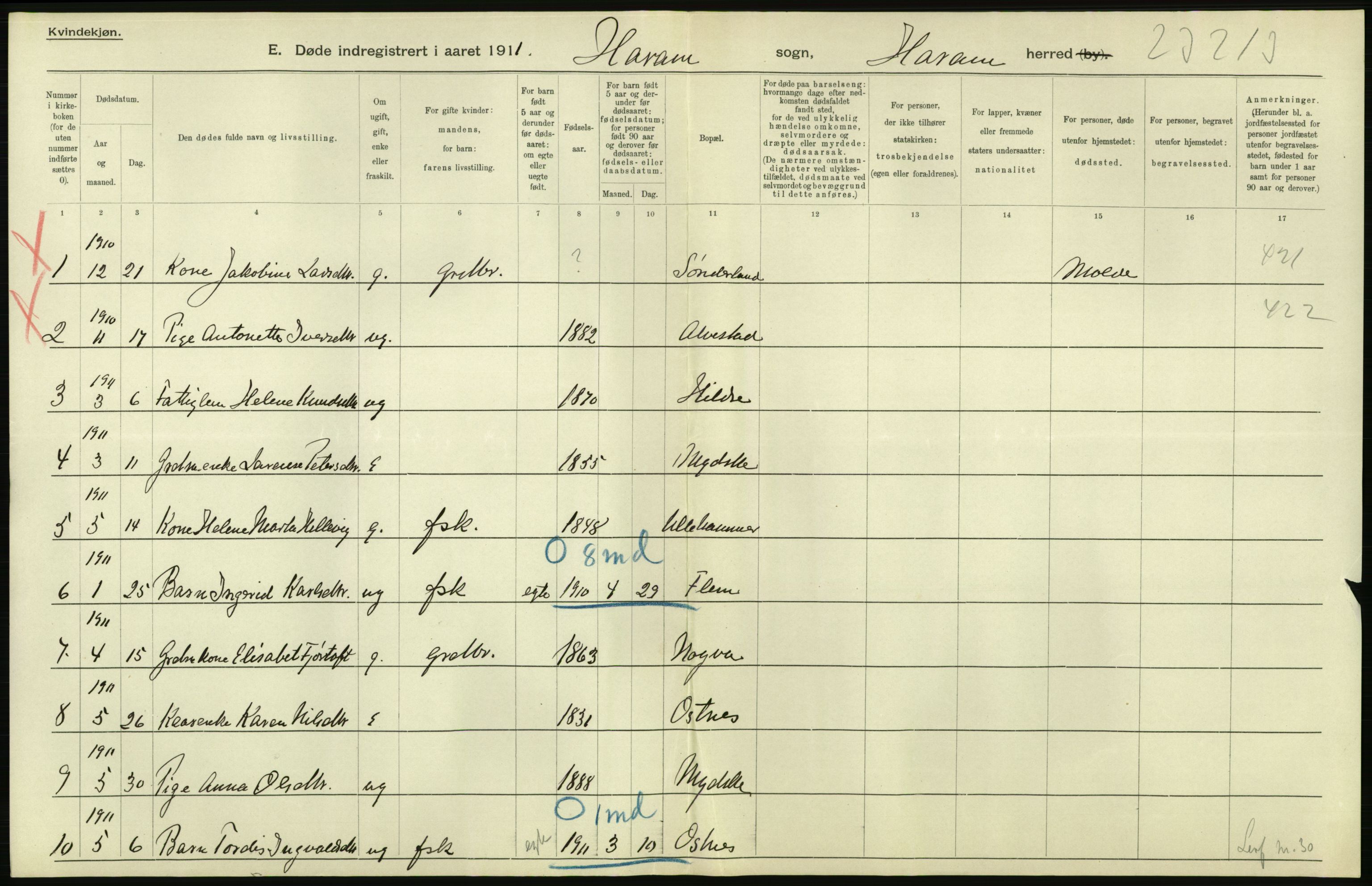 Statistisk sentralbyrå, Sosiodemografiske emner, Befolkning, RA/S-2228/D/Df/Dfb/Dfba/L0038: Romsdals amt:  Døde. Bygder og byer., 1911, p. 464