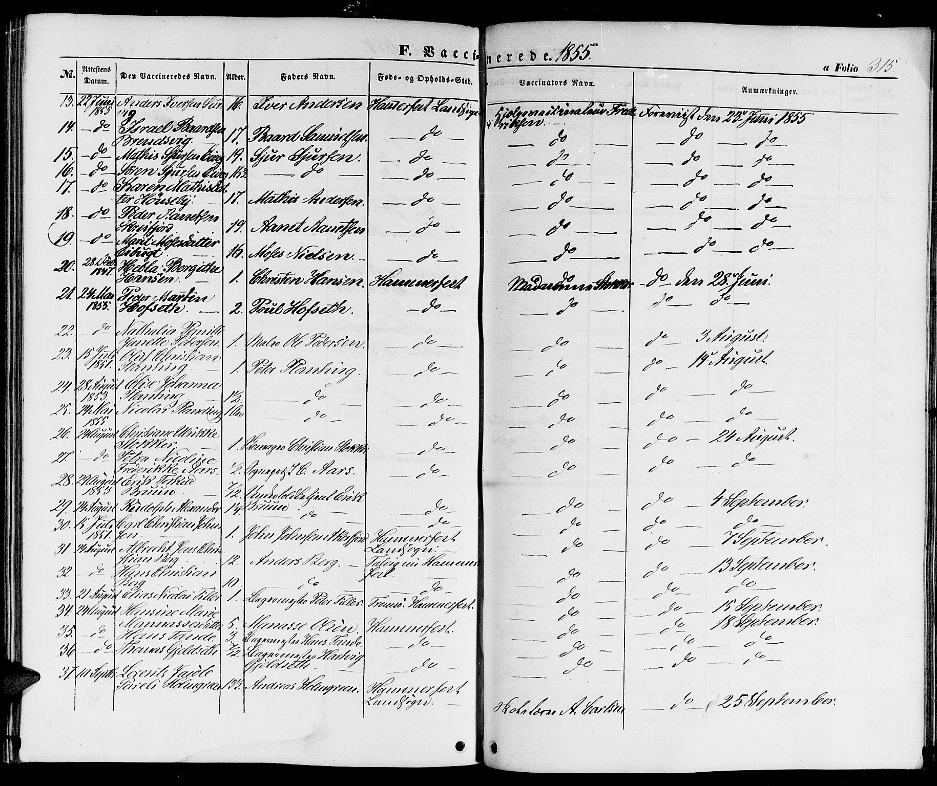 Hammerfest sokneprestkontor, AV/SATØ-S-1347/H/Hb/L0002.klokk: Parish register (copy) no. 2, 1851-1861, p. 315