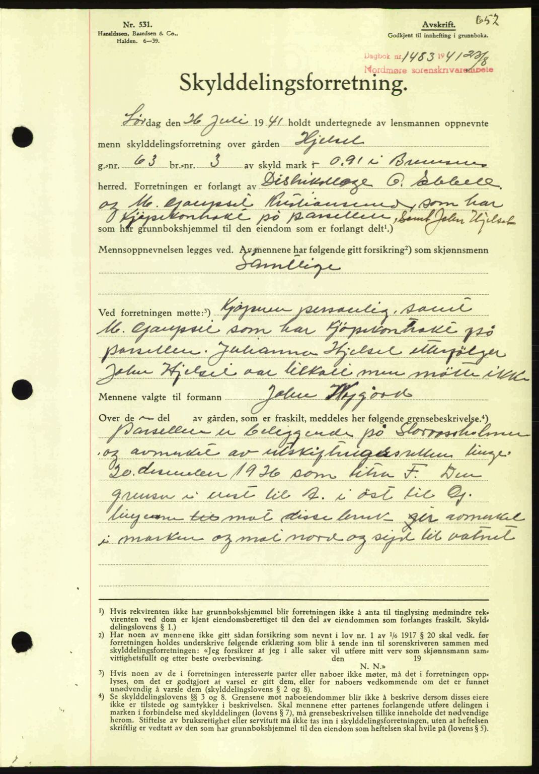 Nordmøre sorenskriveri, SAT/A-4132/1/2/2Ca: Mortgage book no. A90, 1941-1941, Diary no: : 1483/1941