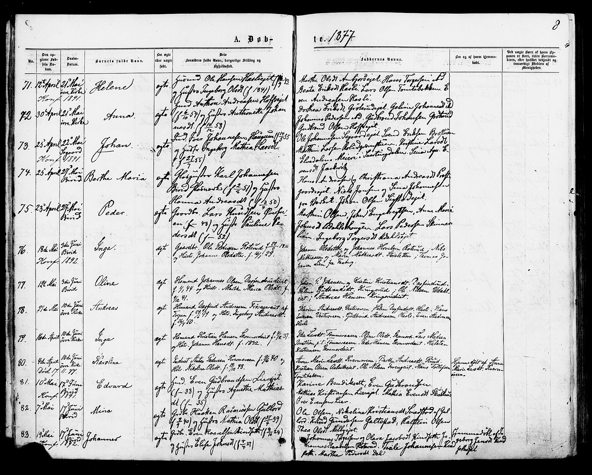 Biri prestekontor, AV/SAH-PREST-096/H/Ha/Haa/L0006: Parish register (official) no. 6, 1877-1886, p. 8