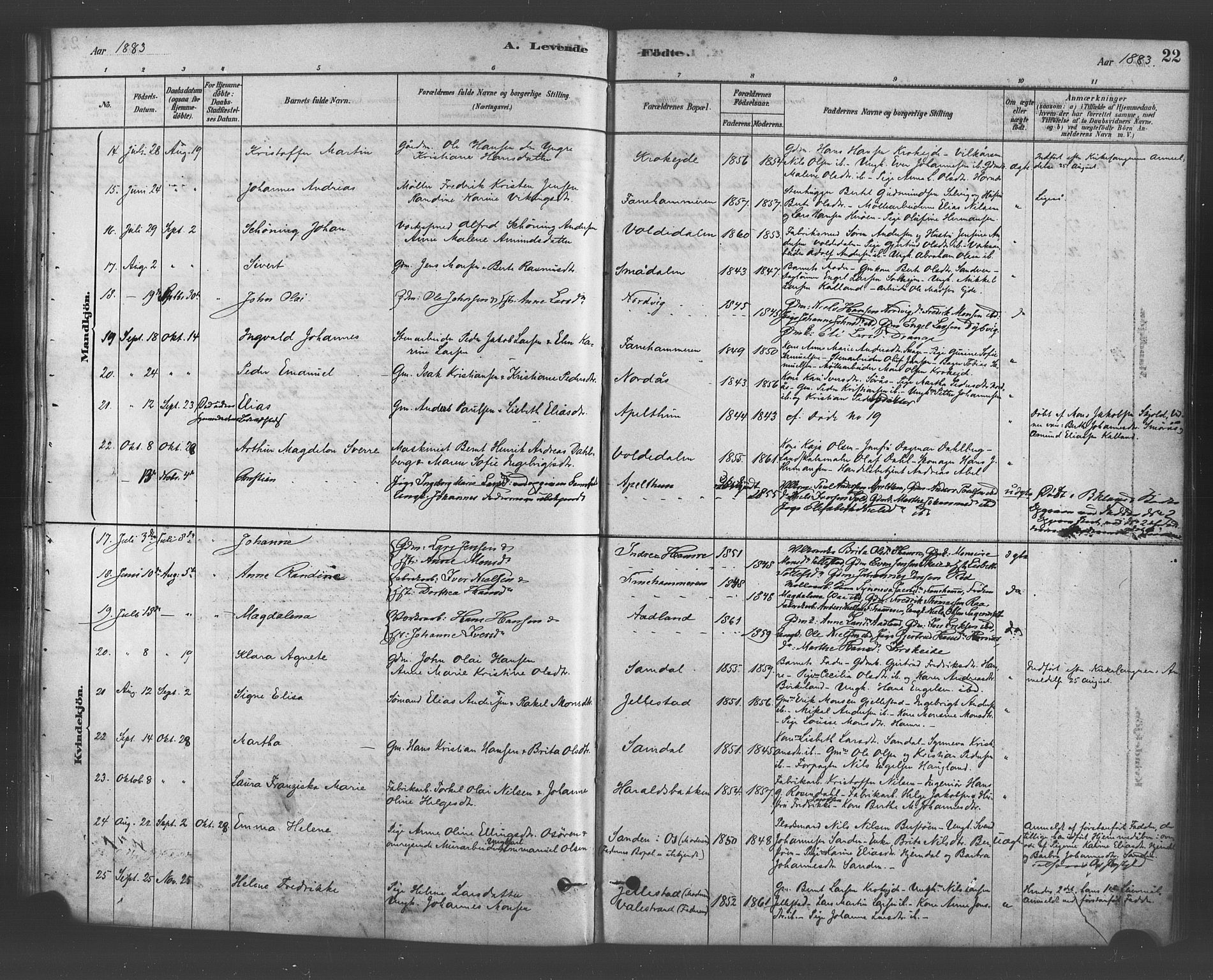 Fana Sokneprestembete, AV/SAB-A-75101/H/Haa/Haab/L0001: Parish register (official) no. B 1, 1878-1889, p. 22
