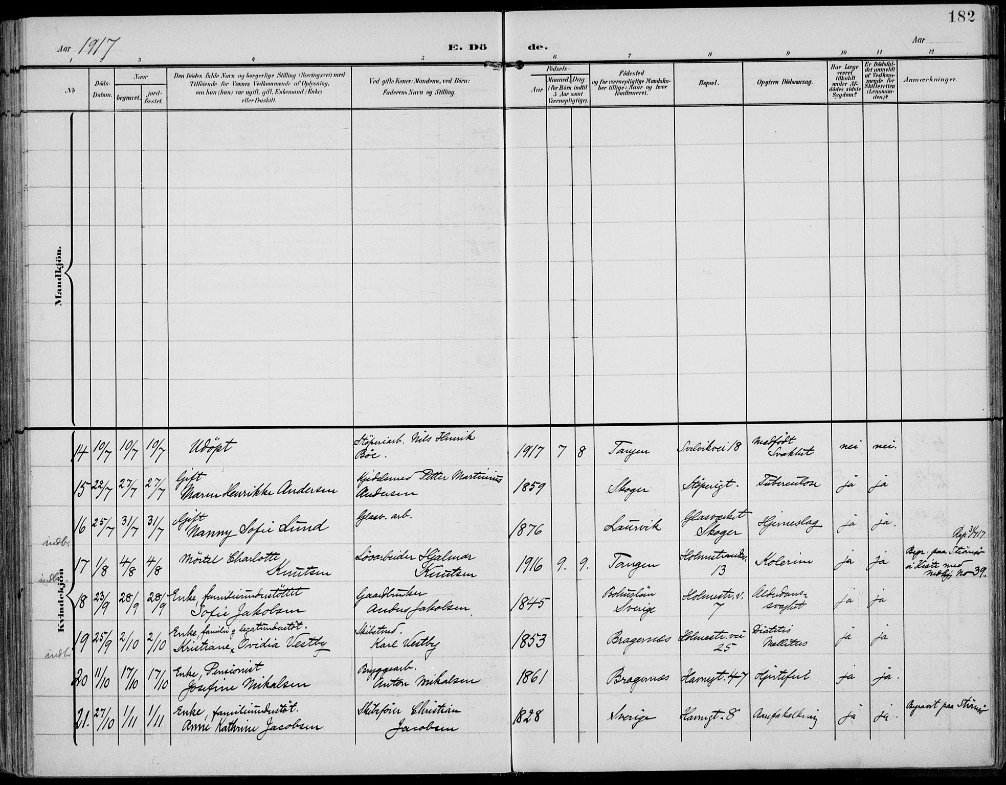 Strømsø kirkebøker, AV/SAKO-A-246/F/Fb/L0008: Parish register (official) no. II 8, 1902-1933, p. 182