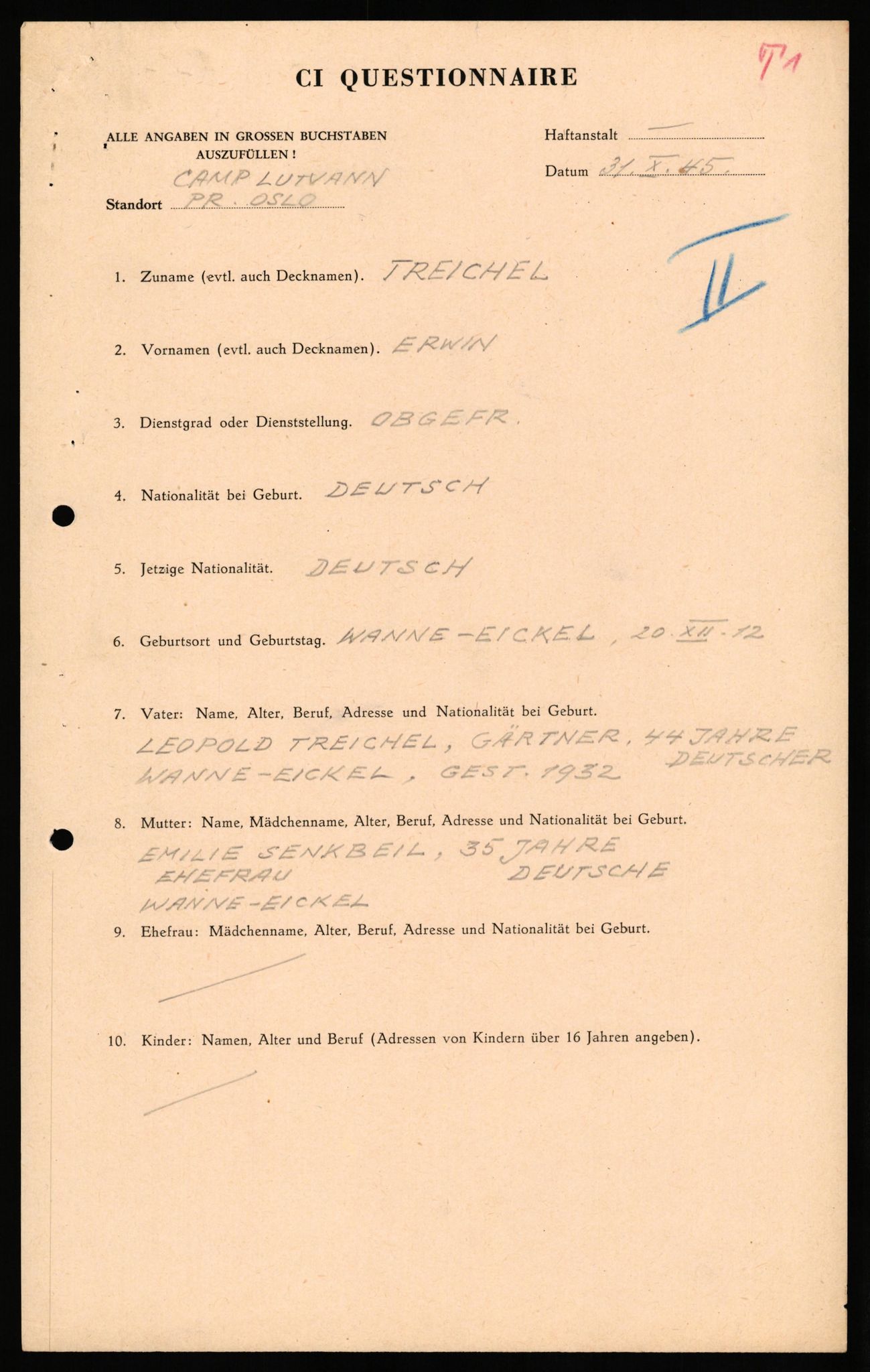 Forsvaret, Forsvarets overkommando II, AV/RA-RAFA-3915/D/Db/L0034: CI Questionaires. Tyske okkupasjonsstyrker i Norge. Tyskere., 1945-1946, p. 45