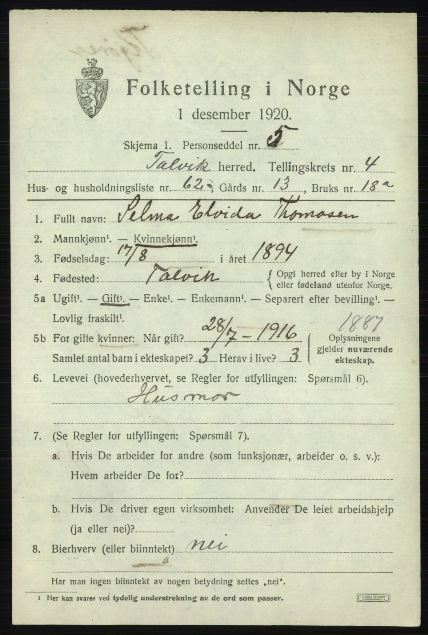 SATØ, 1920 census for Talvik, 1920, p. 3296