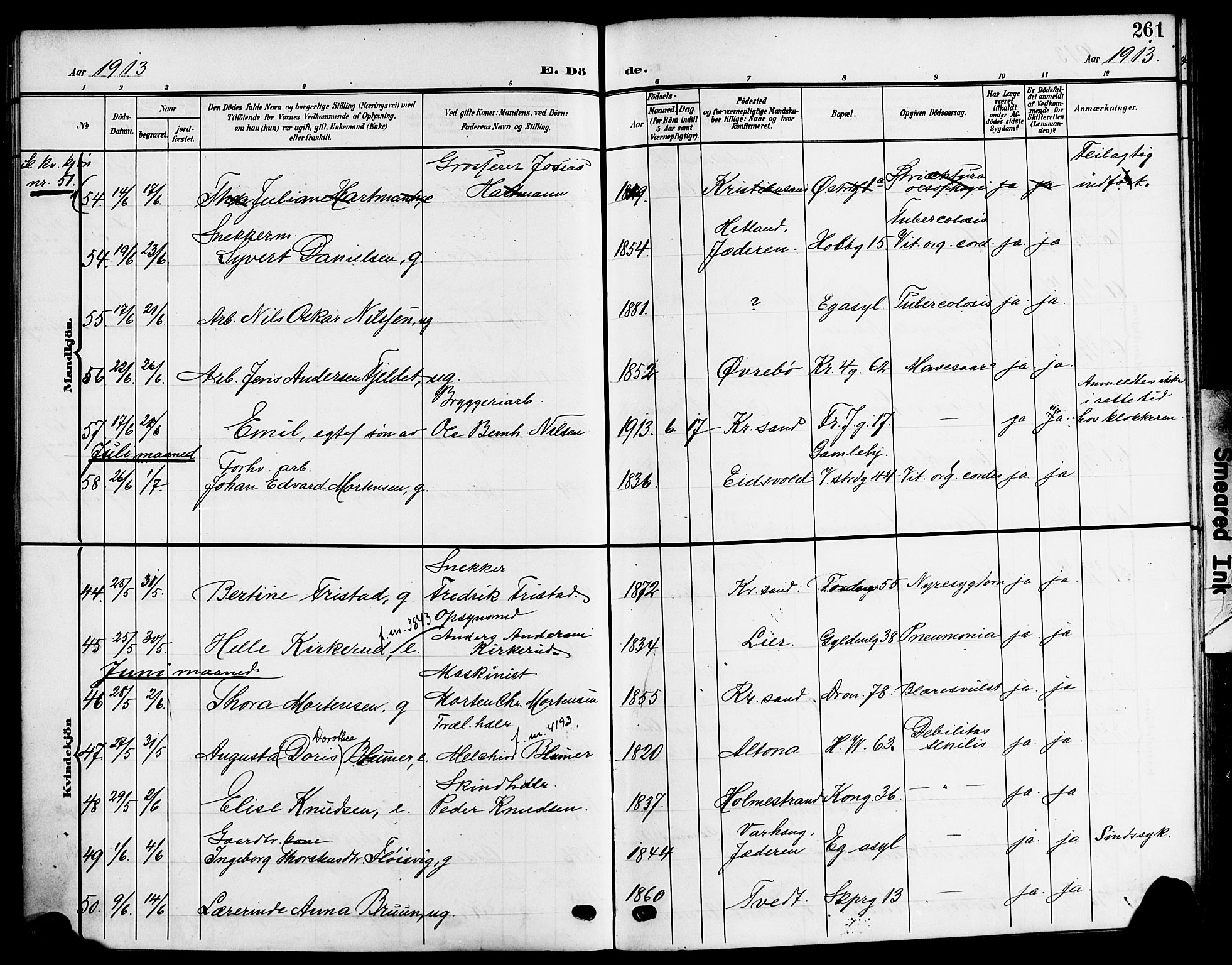 Kristiansand domprosti, AV/SAK-1112-0006/F/Fb/L0020: Parish register (copy) no. B 20, 1906-1915, p. 261