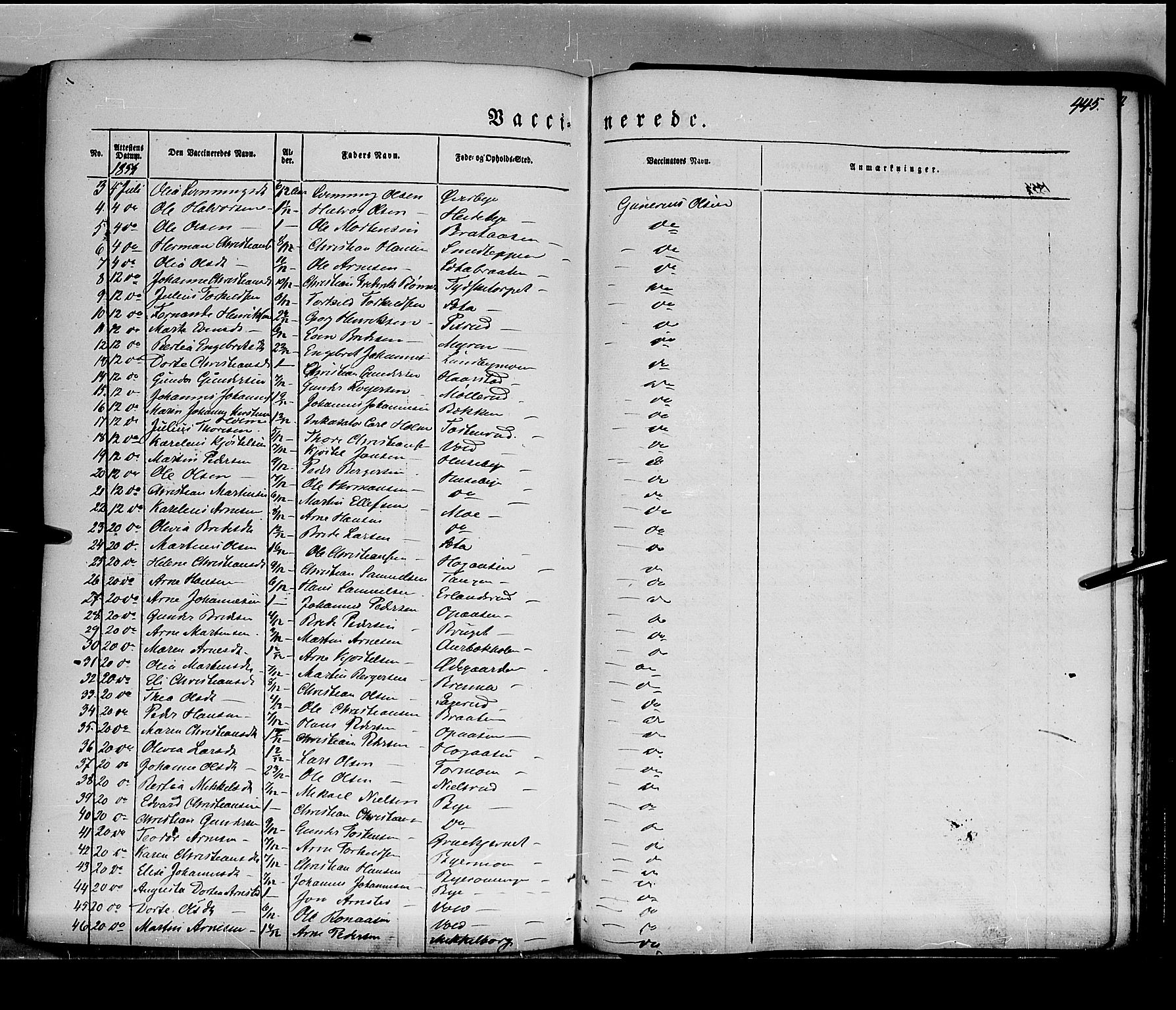 Grue prestekontor, SAH/PREST-036/H/Ha/Haa/L0008: Parish register (official) no. 8, 1847-1858, p. 445