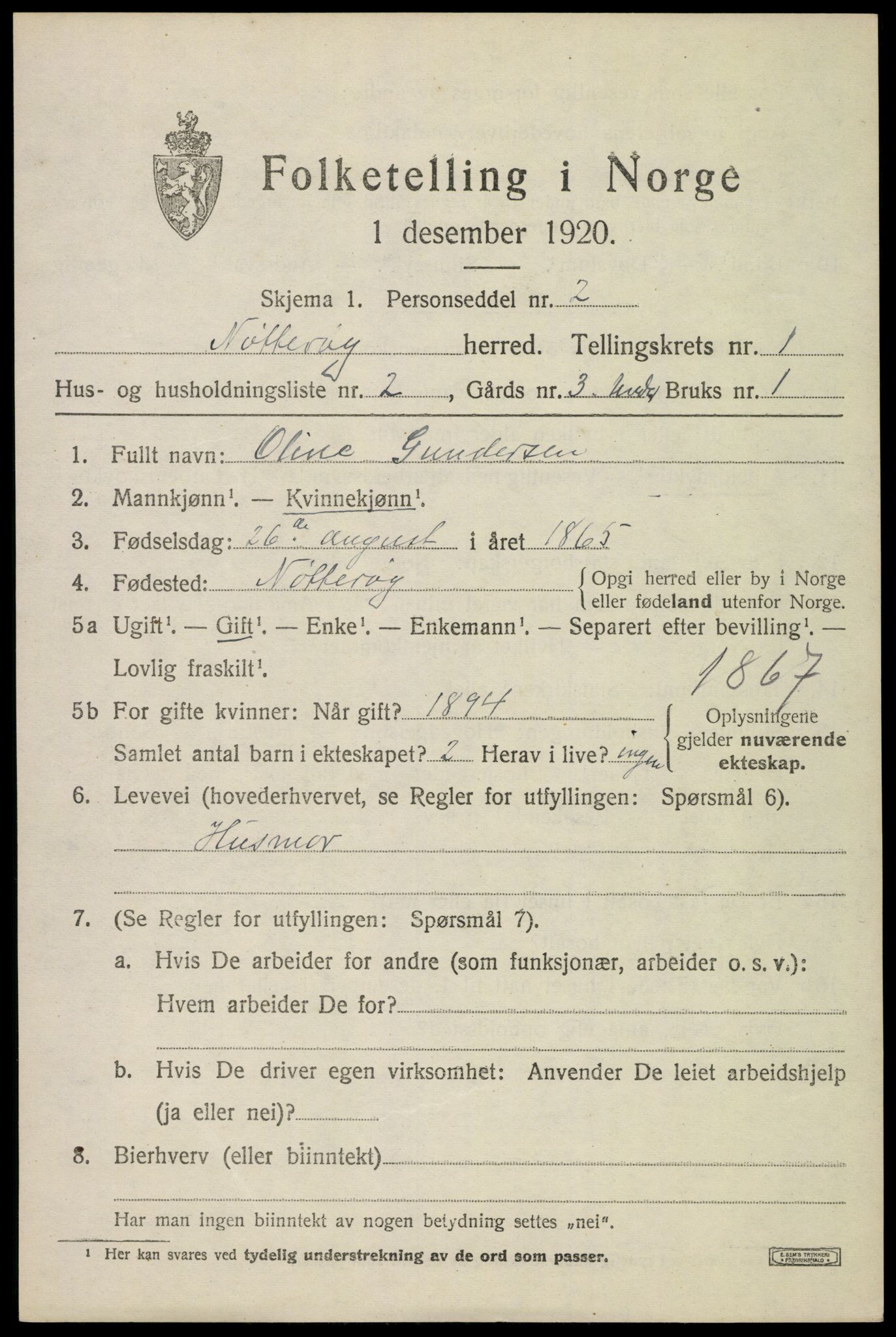 SAKO, 1920 census for Nøtterøy, 1920, p. 2845