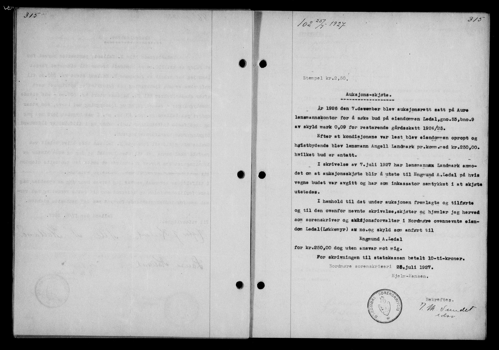 Nordmøre sorenskriveri, AV/SAT-A-4132/1/2/2Ca/L0062: Mortgage book no. 52, 1927-1927, Deed date: 25.07.1927