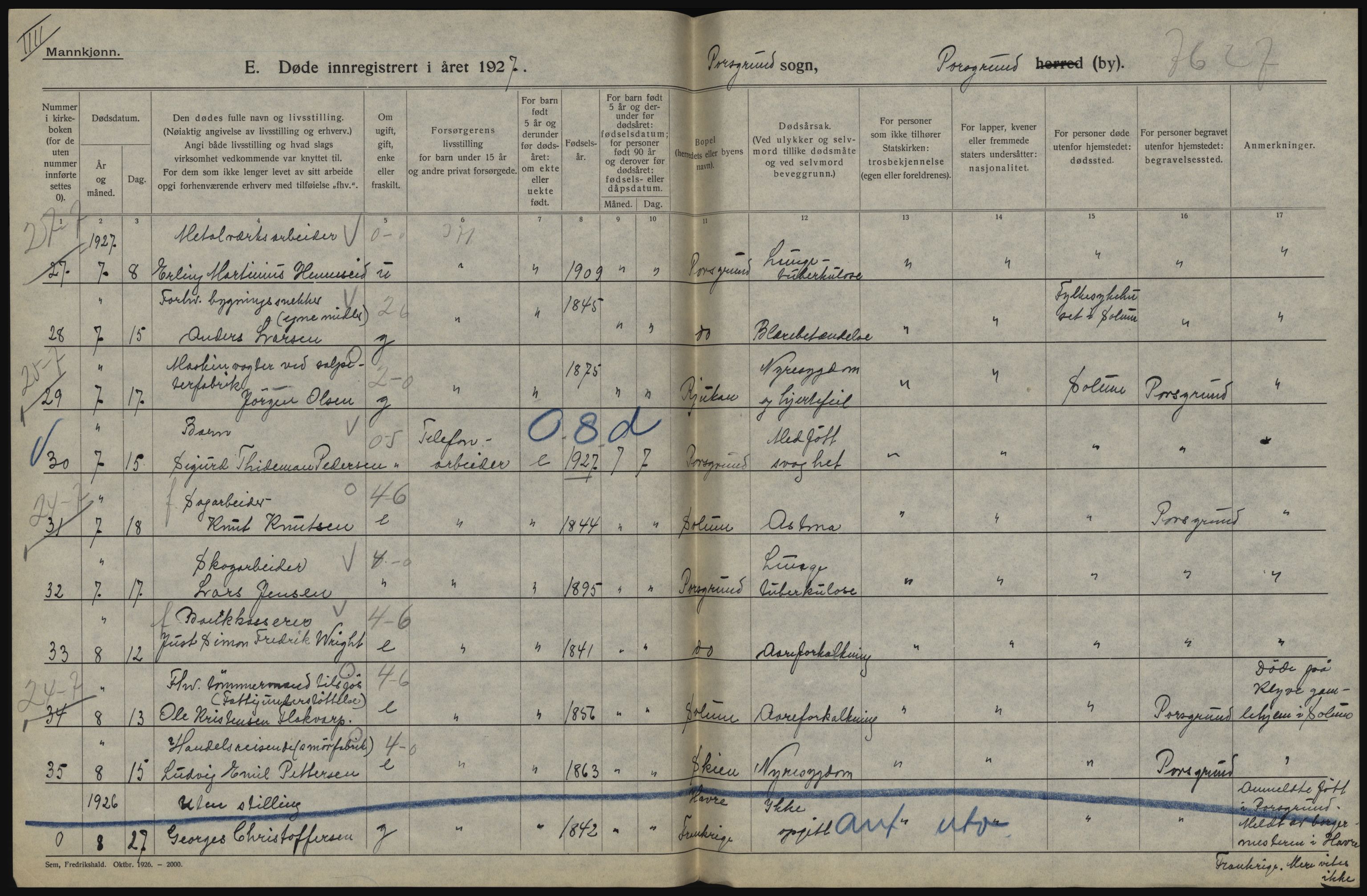 Statistisk sentralbyrå, Sosiodemografiske emner, Befolkning, AV/RA-S-2228/D/Df/Dfc/Dfcg/L0020: Telemark fylke: Gifte, døde. Bygder og byer., 1927, p. 238