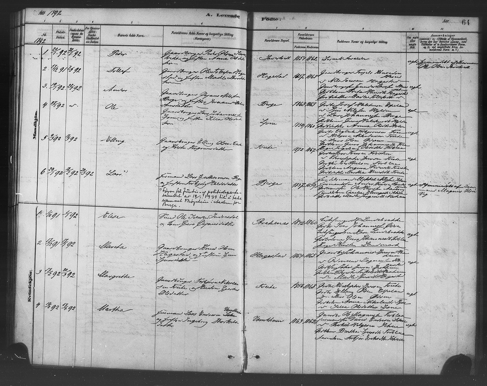 Ulvik sokneprestembete, SAB/A-78801/H/Haa: Parish register (official) no. B 1, 1878-1897, p. 64