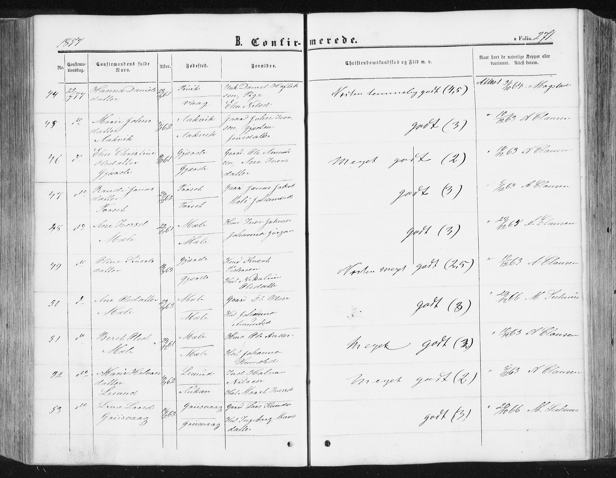 Ministerialprotokoller, klokkerbøker og fødselsregistre - Møre og Romsdal, AV/SAT-A-1454/578/L0905: Parish register (official) no. 578A04, 1859-1877, p. 271