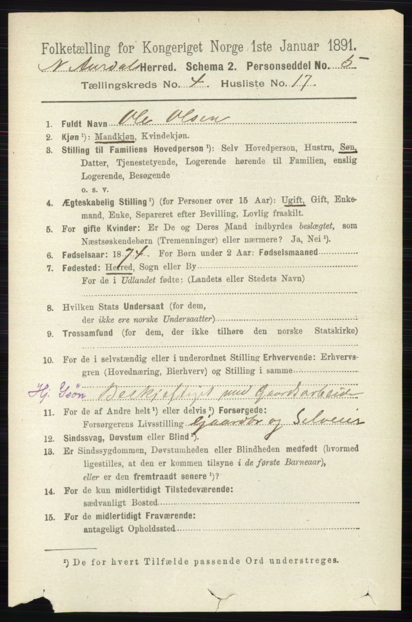 RA, 1891 census for 0542 Nord-Aurdal, 1891, p. 1236