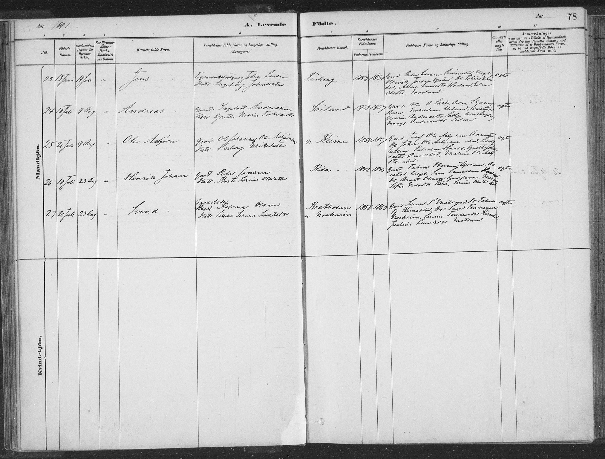Hå sokneprestkontor, SAST/A-101801/001/30BA/L0010: Parish register (official) no. A 9, 1879-1896, p. 78