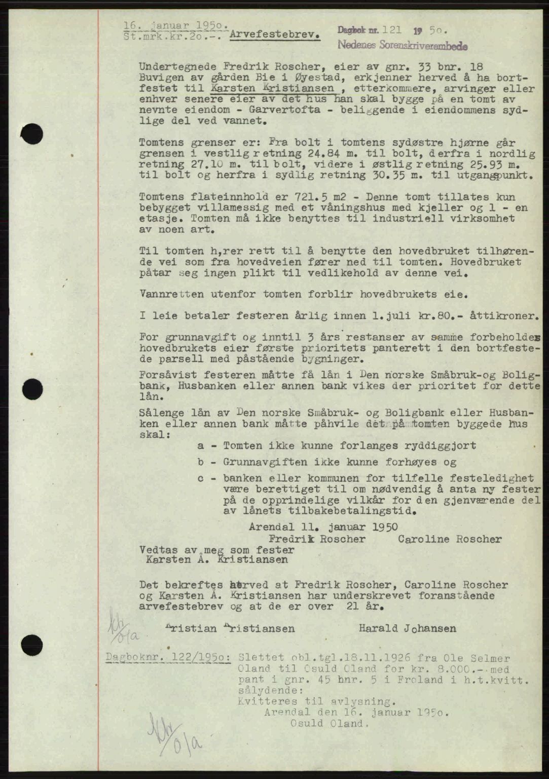 Nedenes sorenskriveri, SAK/1221-0006/G/Gb/Gba/L0062: Mortgage book no. A14, 1949-1950, Diary no: : 121/1950